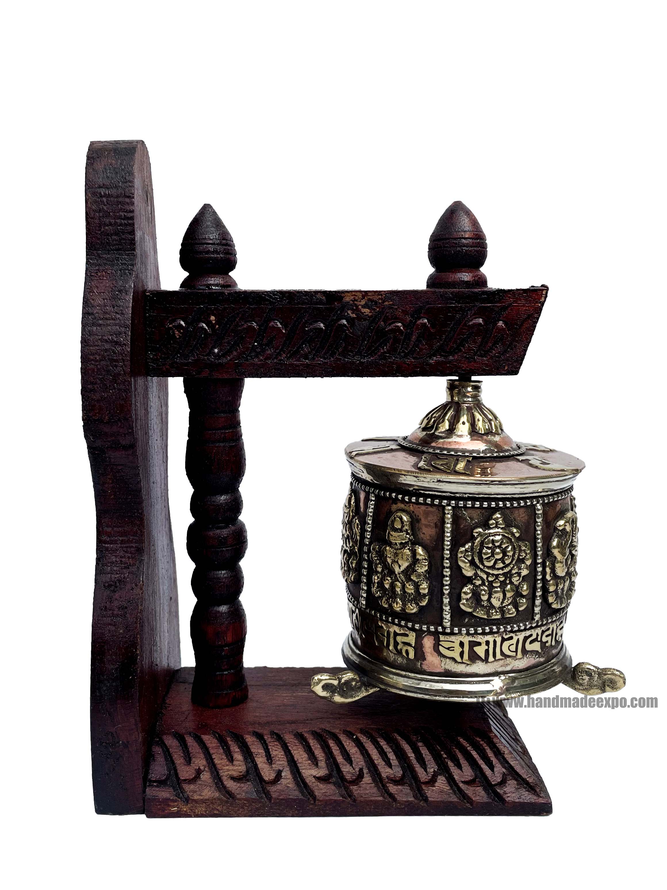 Brass Prayer Wheel On Wooden Frame, <span Style=