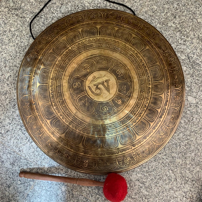 Tibetan handmade Gongs, lotus Om Design, Wind Gong, Flat Gong