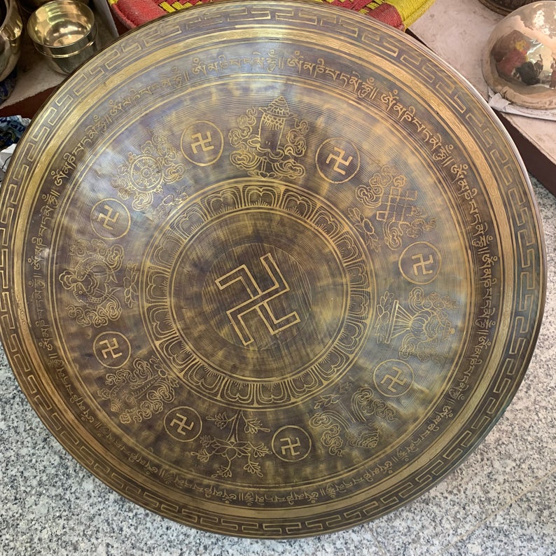 Tibetan handmade Gongs, swastik, Ashta Manga Design, Wind Gong, Flat Gong