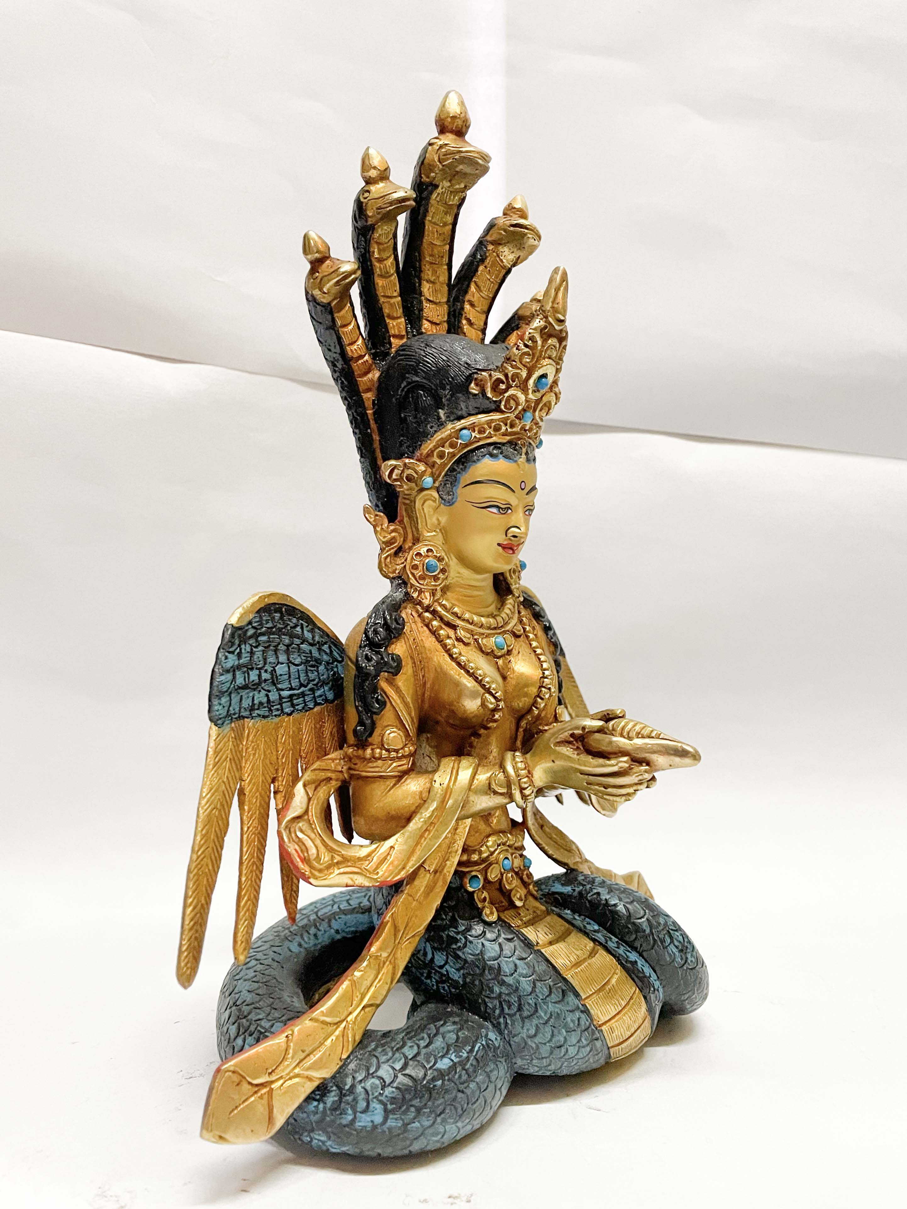 Buddhist Statue Of Naga Kanya, partly Gold Plated, painted Face