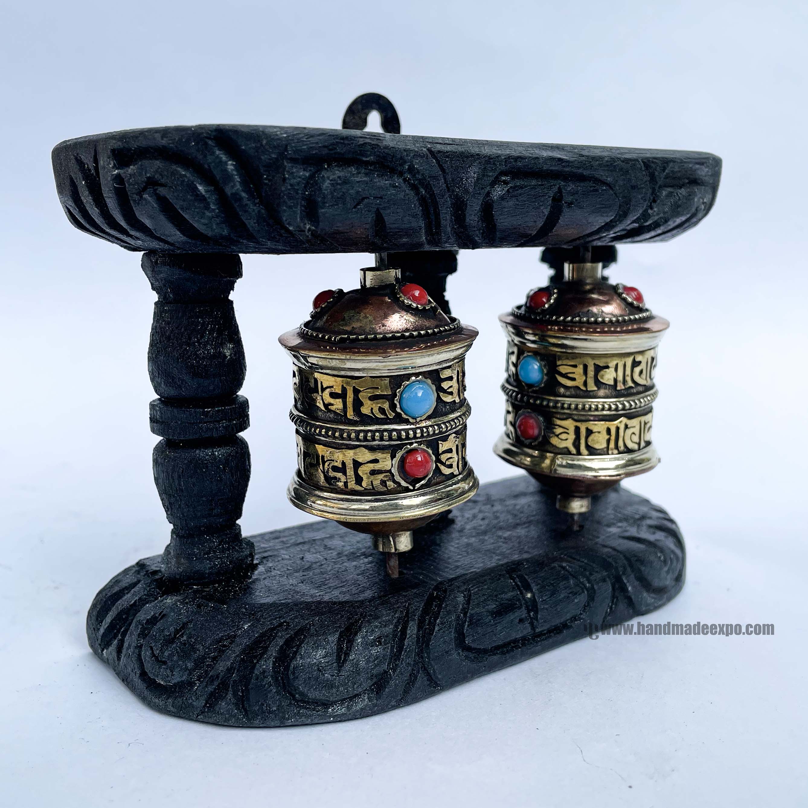 Double Brass Prayer Wheel On Wooden Frame, <span Style=