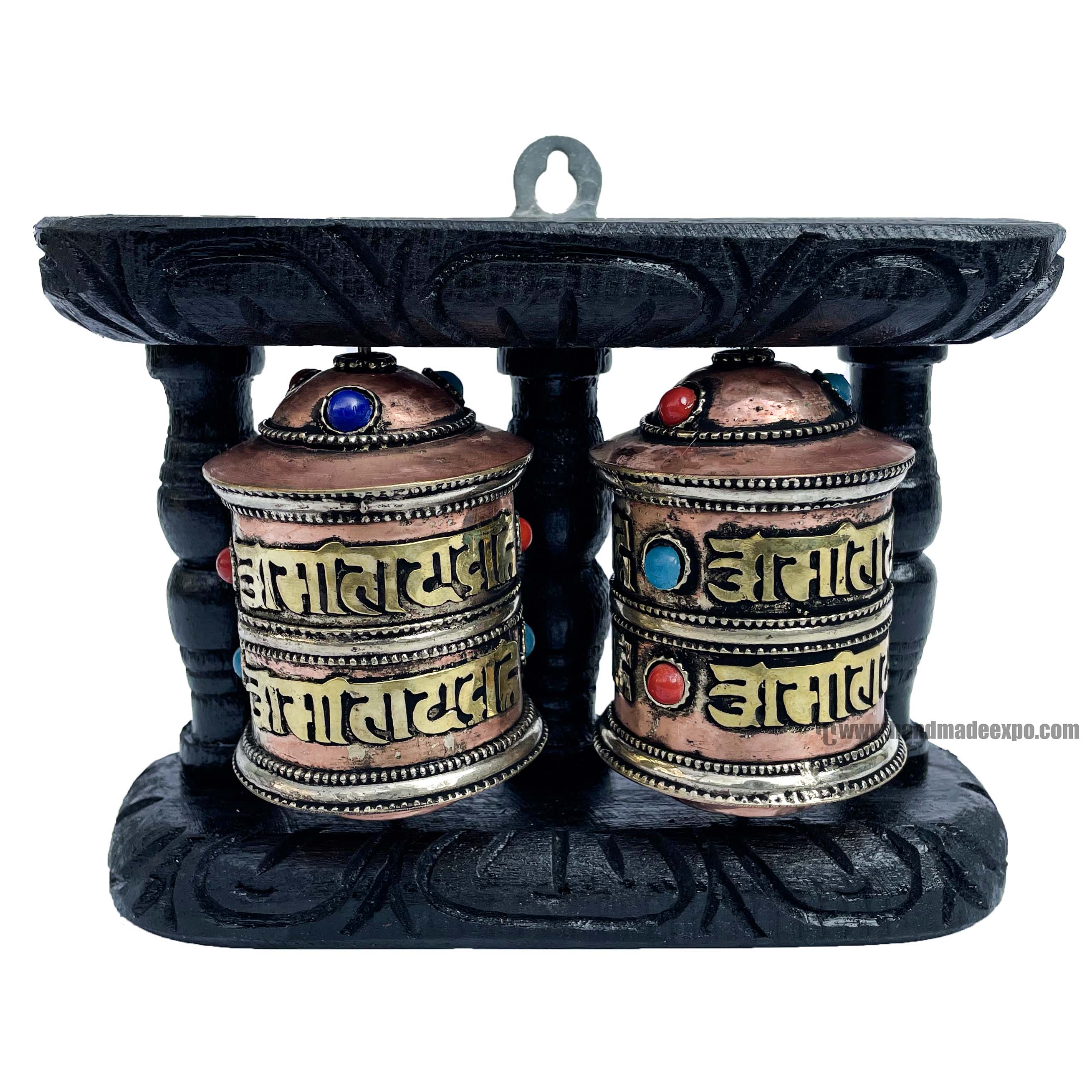 Double Brass Prayer Wheel On Wooden Frame, <span Style=