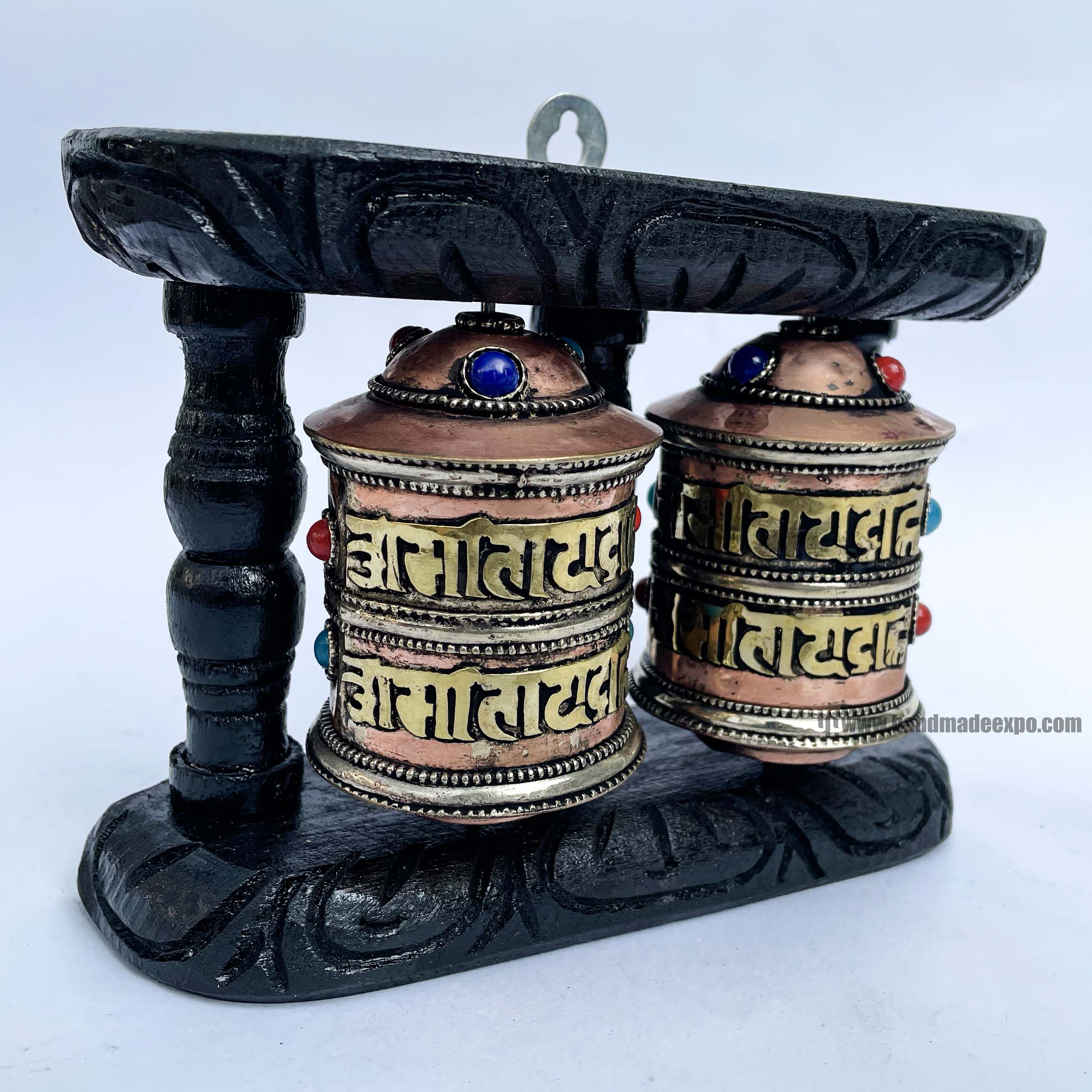 Double Brass Prayer Wheel On Wooden Frame, <span Style=