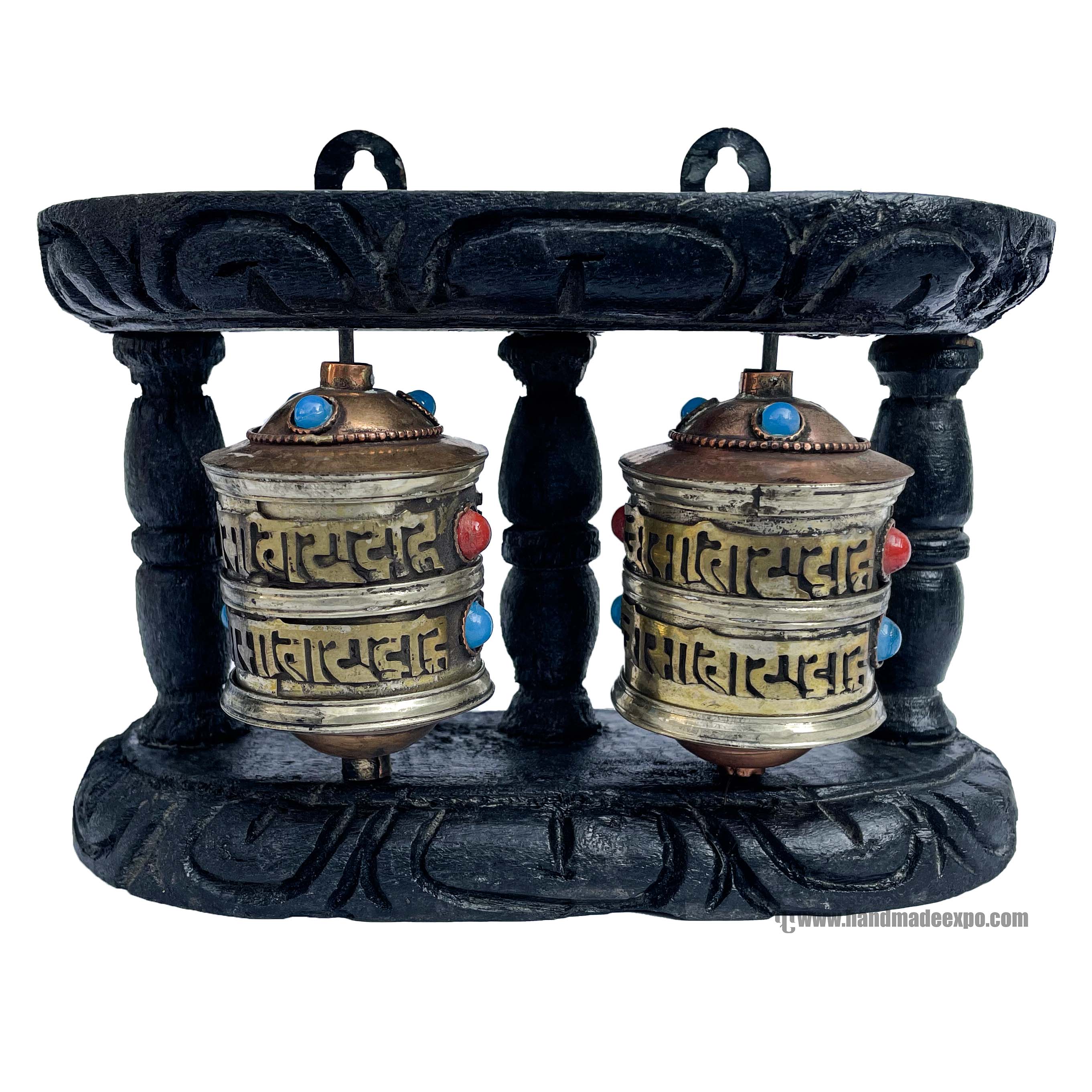 Double Brass Prayer Wheel On Wooden Frame, <span Style=