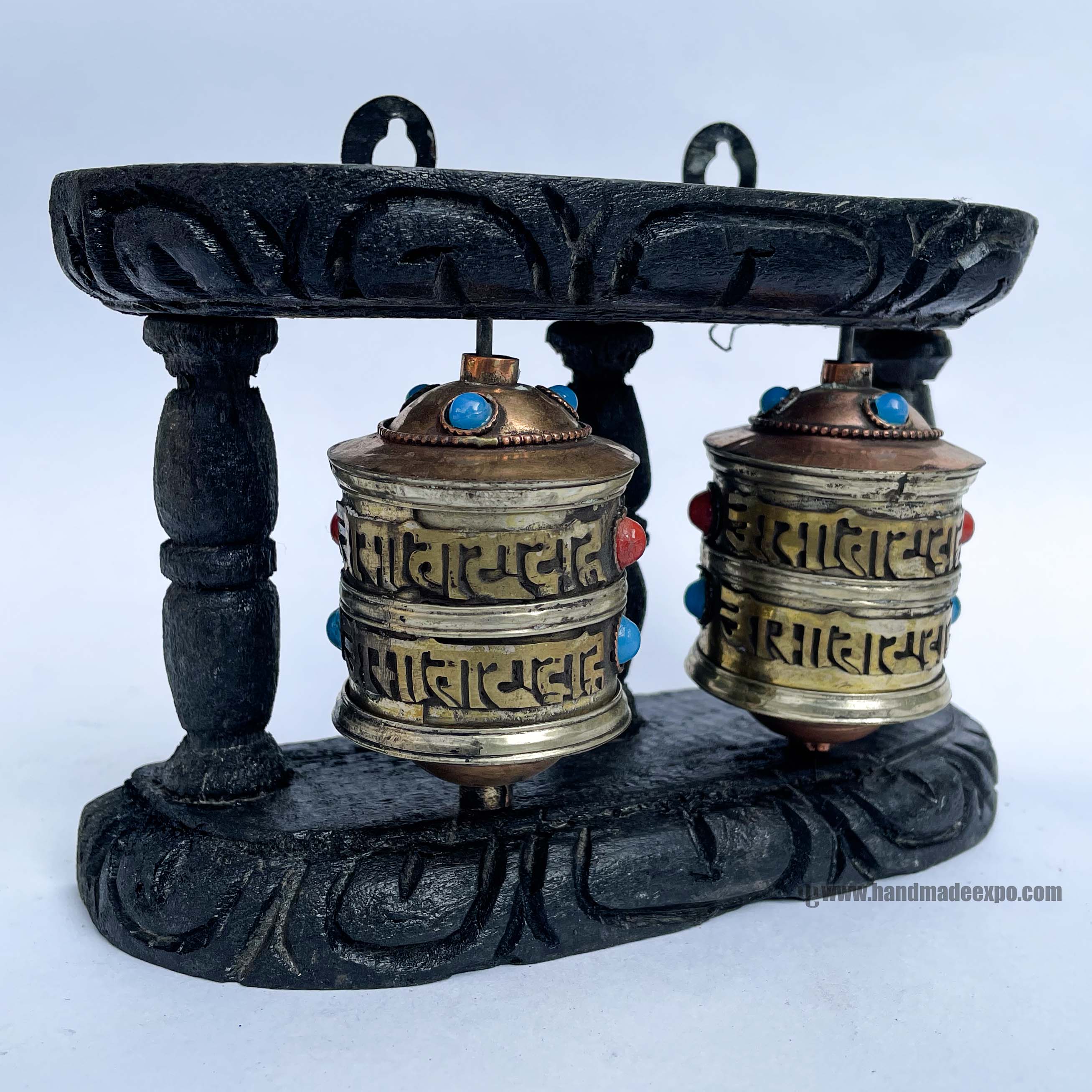 Double Brass Prayer Wheel On Wooden Frame, <span Style=