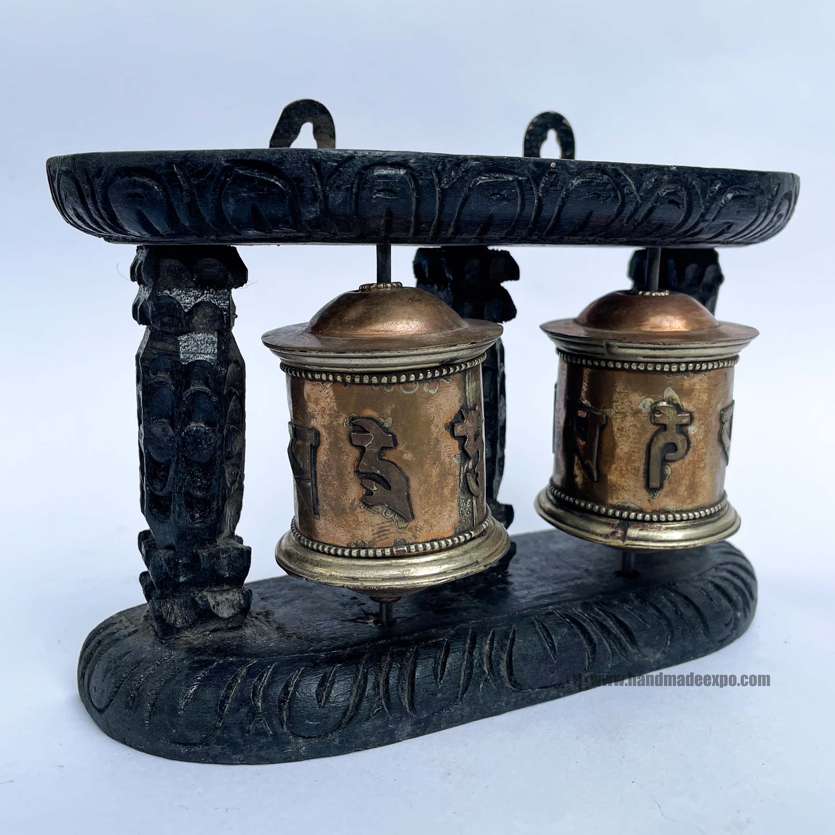 Double Brass Prayer Wheel On Wooden Frame, <span Style=