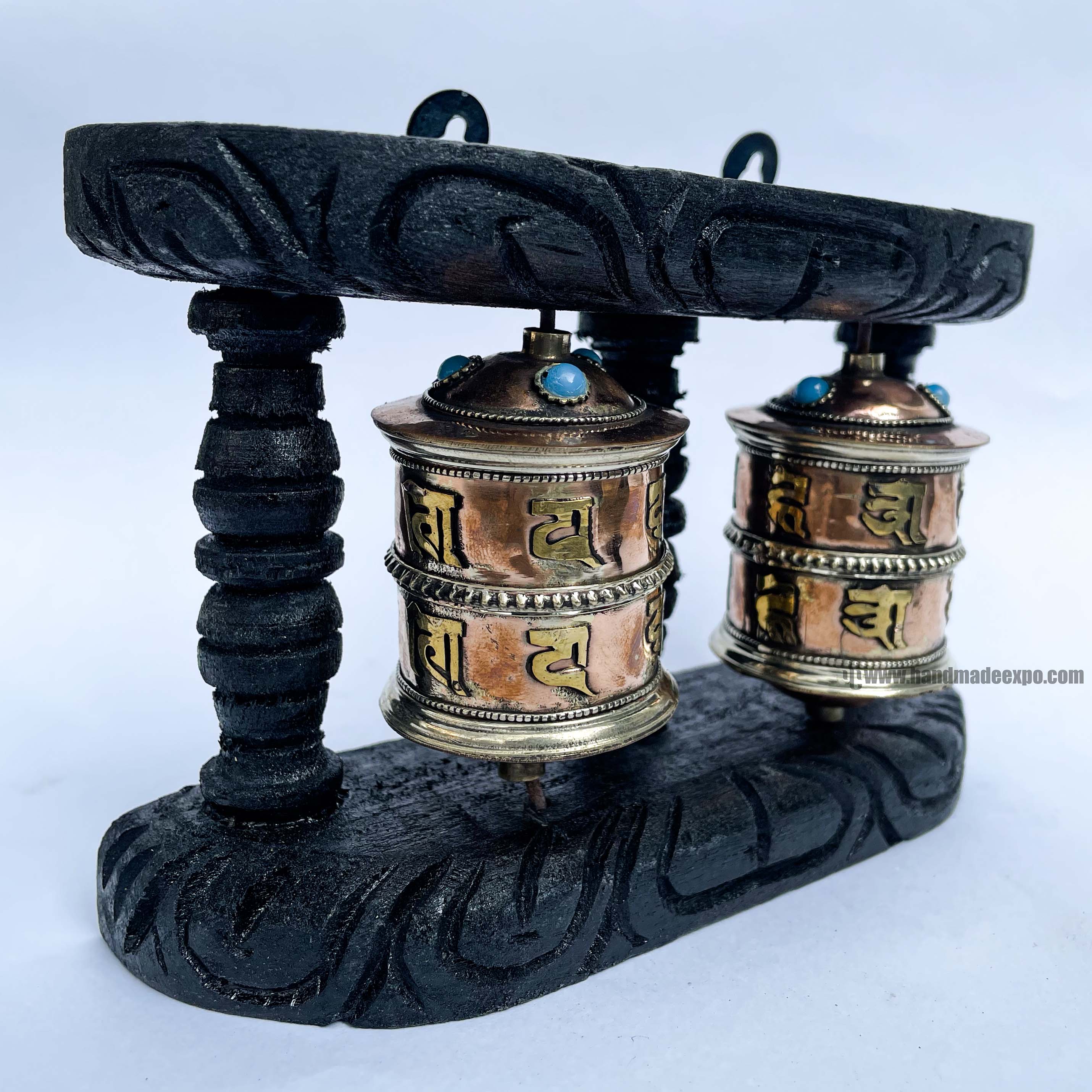 Double Brass Prayer Wheel On Wooden Frame, <span Style=