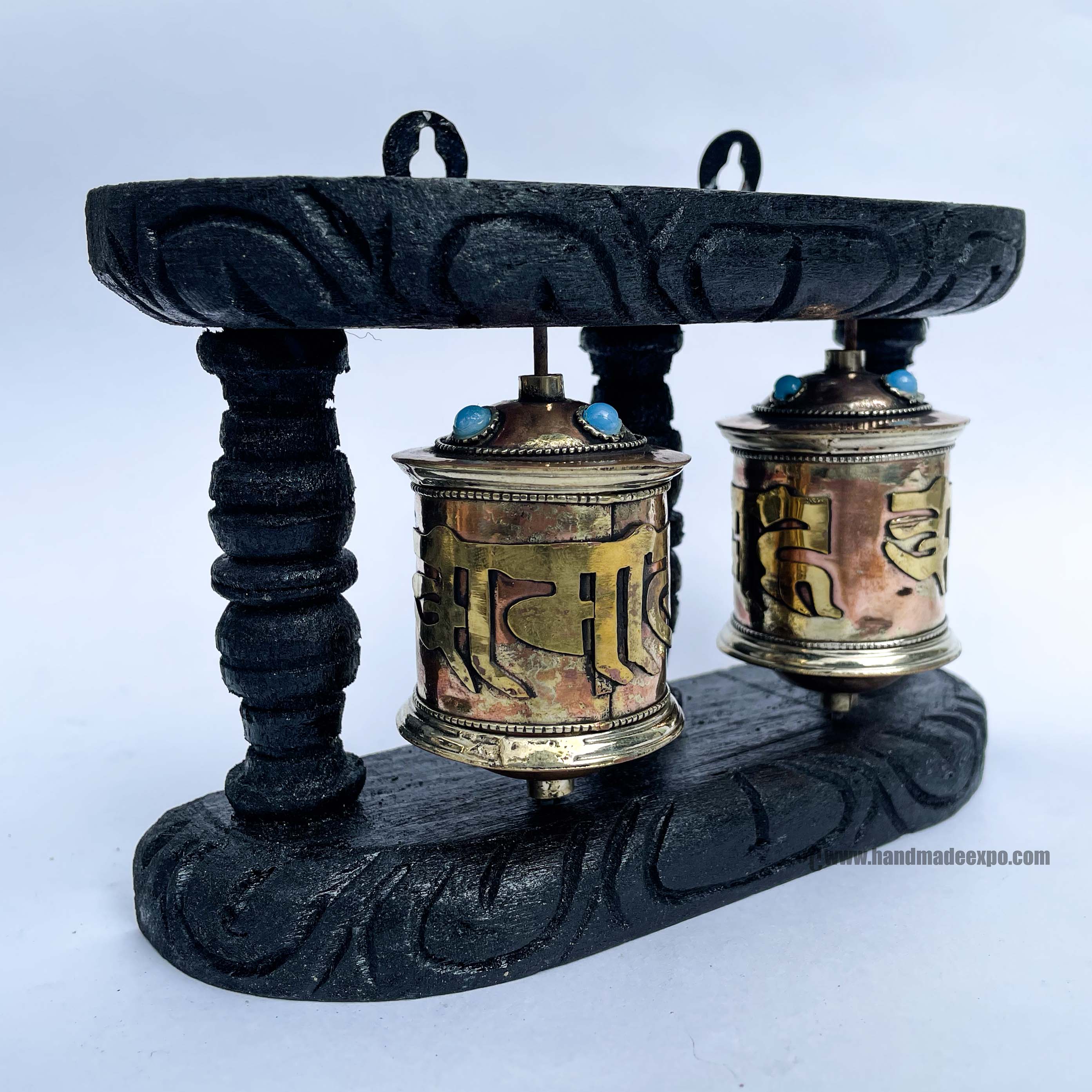 Double Brass Prayer Wheel On Wooden Frame, <span Style=