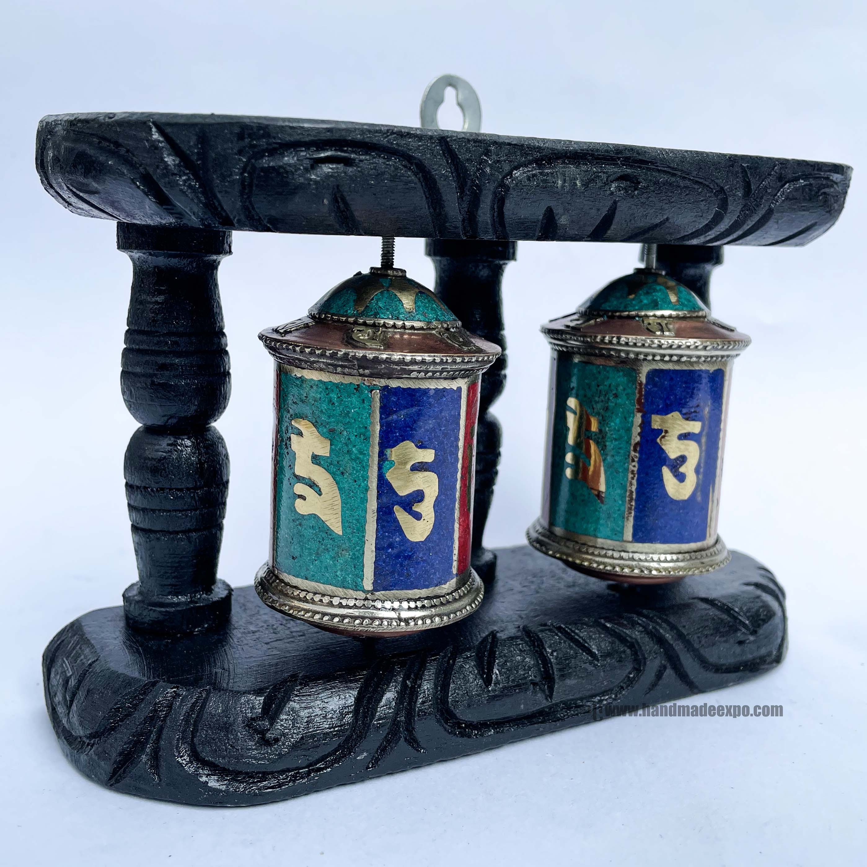 Double Brass Prayer Wheel On Wooden Frame, <span Style=