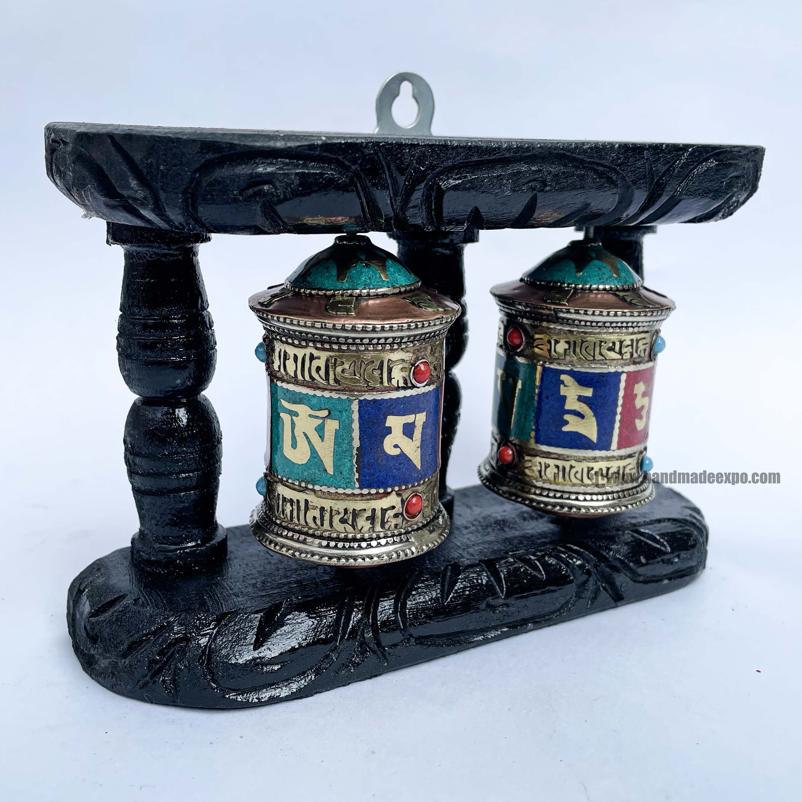 Double Brass Prayer Wheel On Wooden Frame, <span Style=