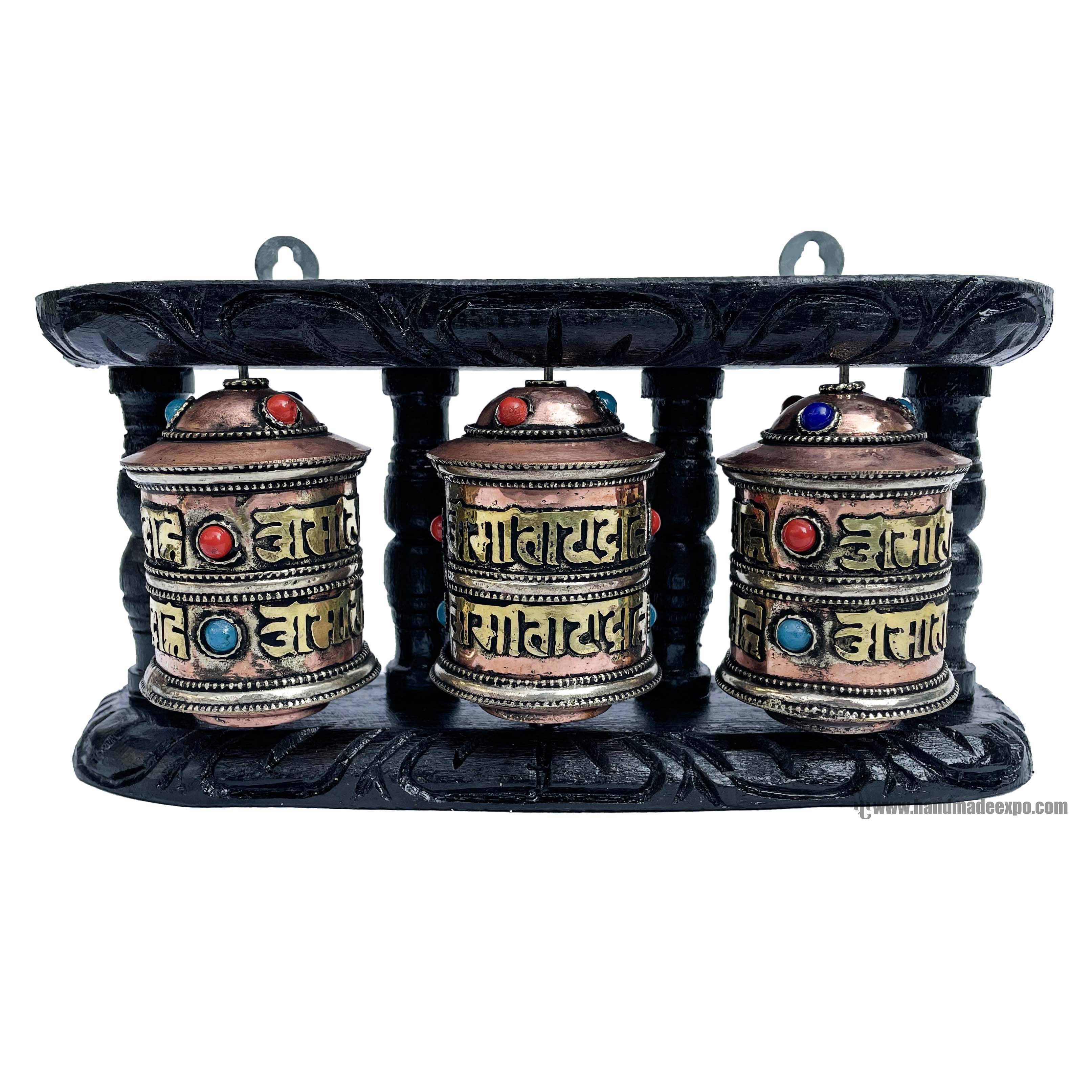 Triple Brass Prayer Wheel On Wooden Frame, <span Style=