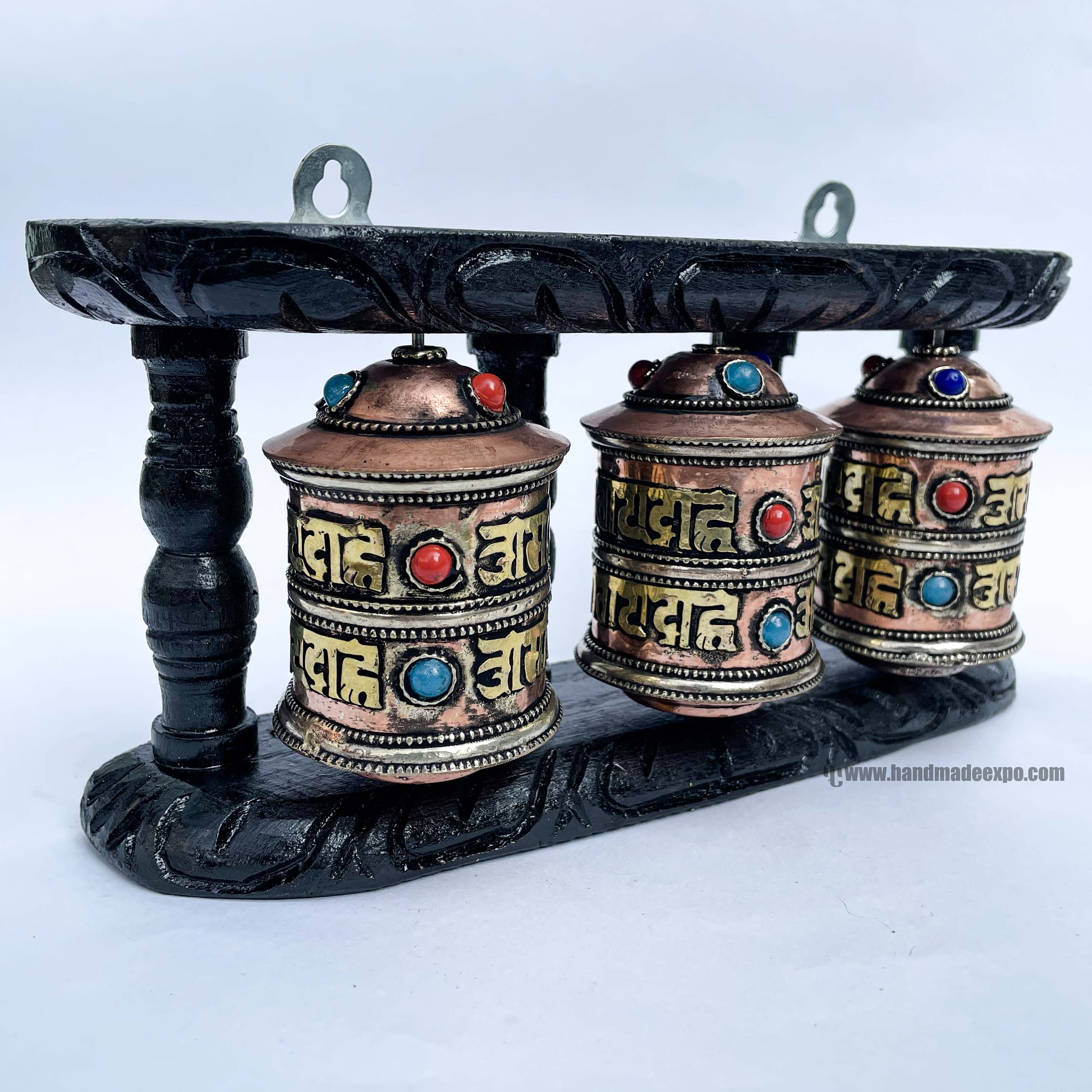 Triple Brass Prayer Wheel On Wooden Frame, <span Style=