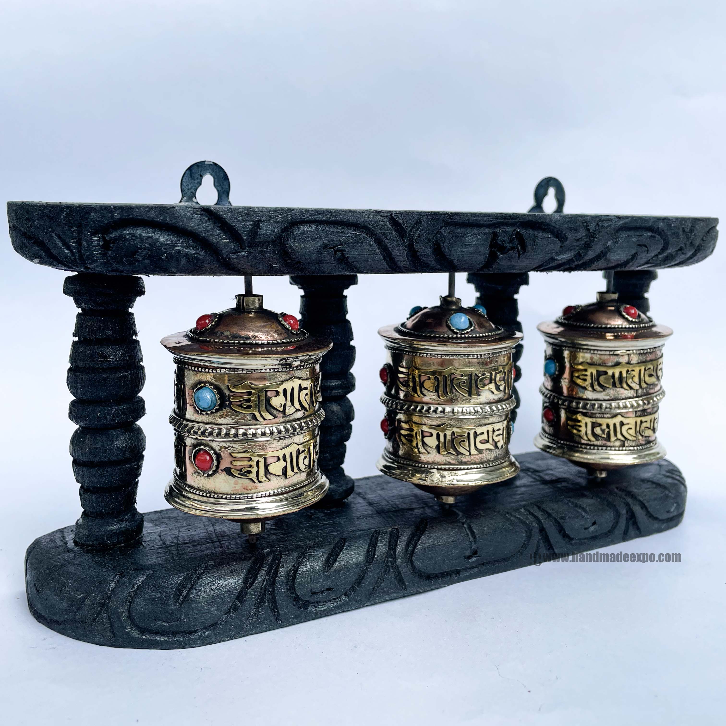 Triple Brass Prayer Wheel On Wooden Frame, <span Style=