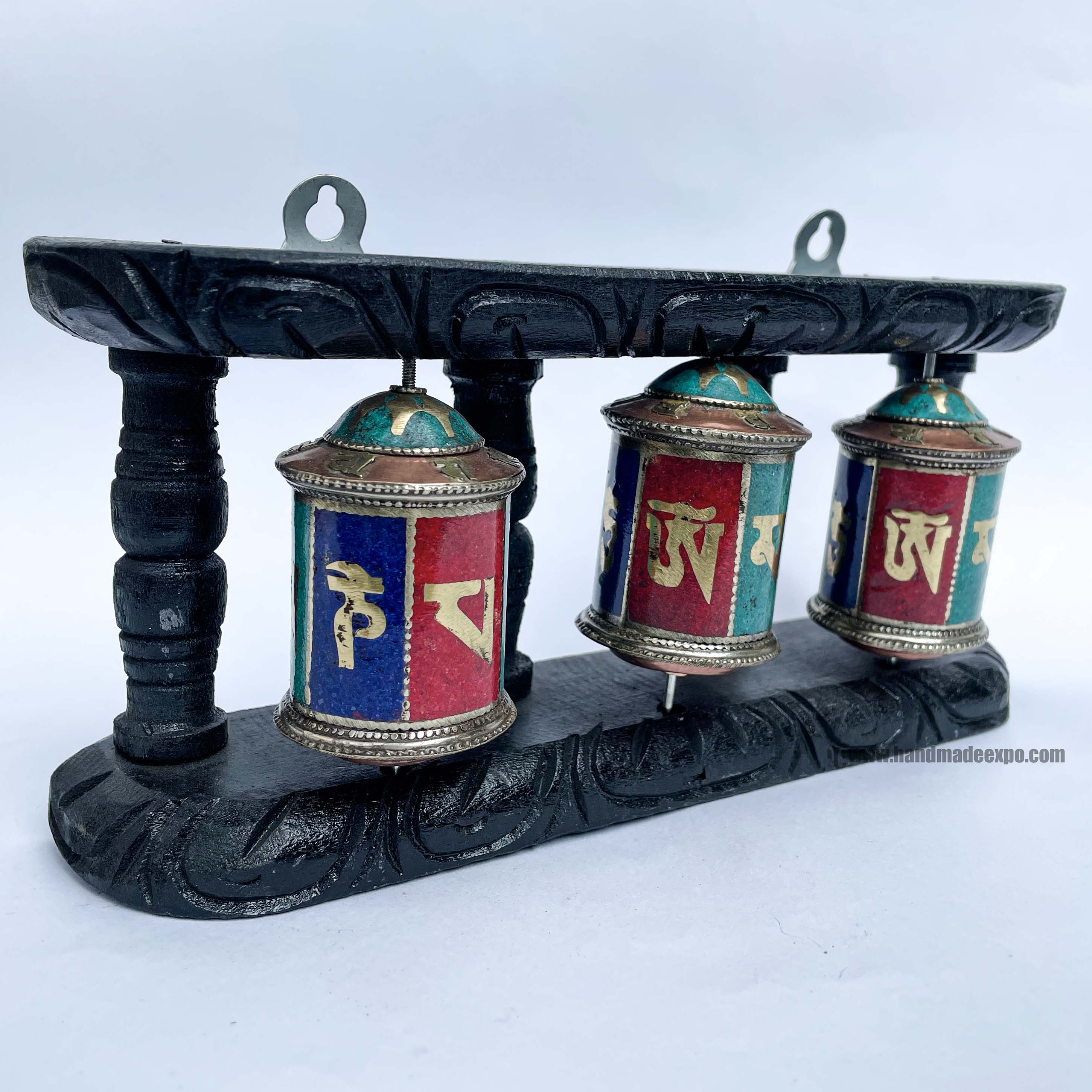 Triple Brass Prayer Wheel On Wooden Frame, <span Style=