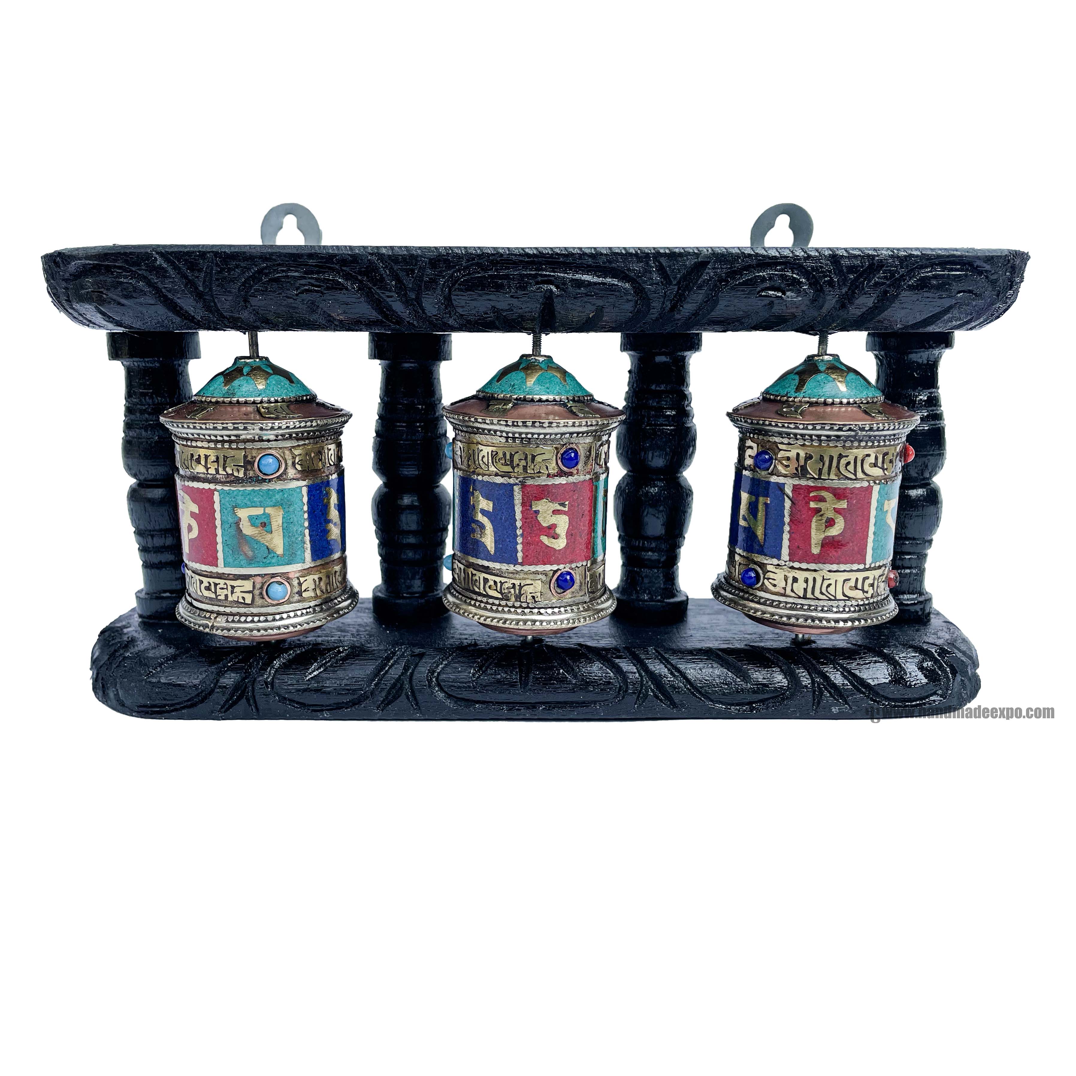 Triple Brass Prayer Wheel On Wooden Frame, <span Style=