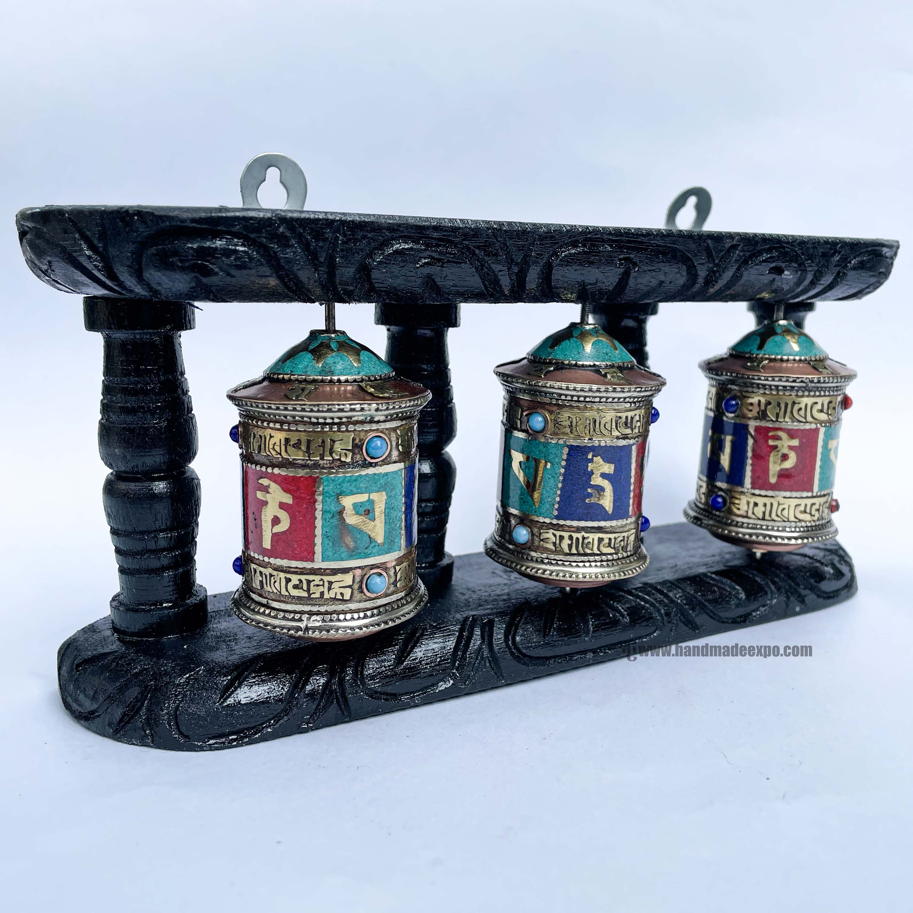 Triple Brass Prayer Wheel On Wooden Frame, <span Style=