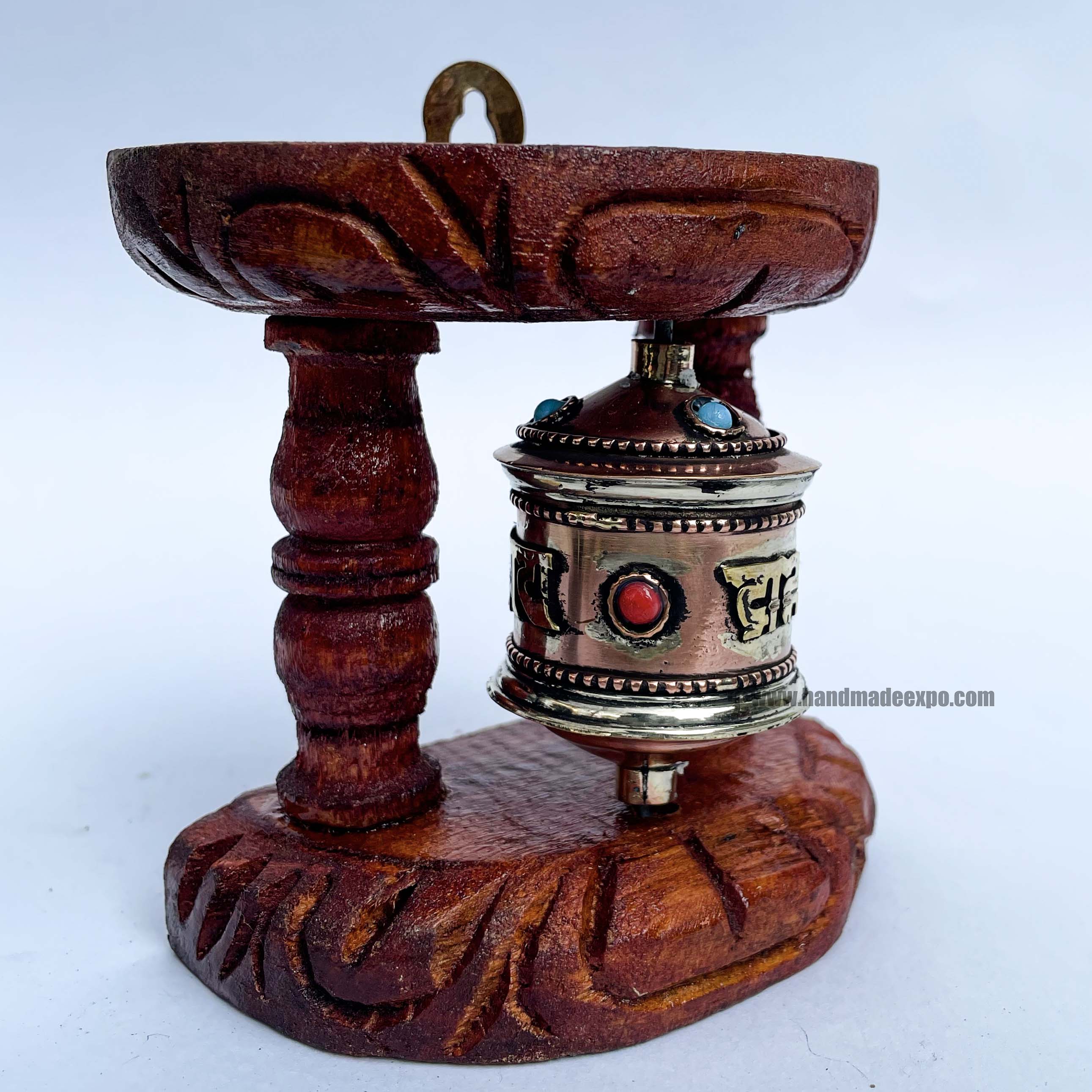 Brass Prayer Wheel On Brown Wooden Frame, <span Style=