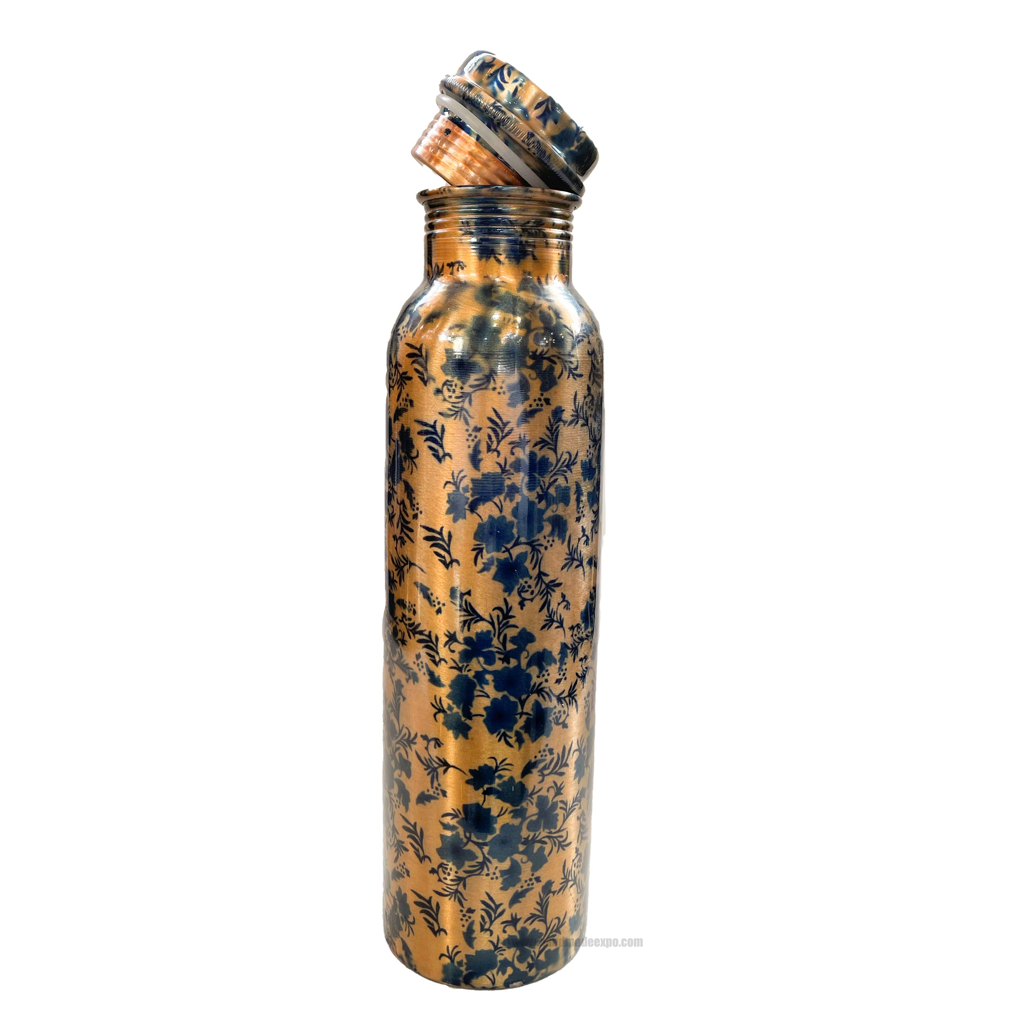 Copper Water bottle With Blue Flower Design, printed