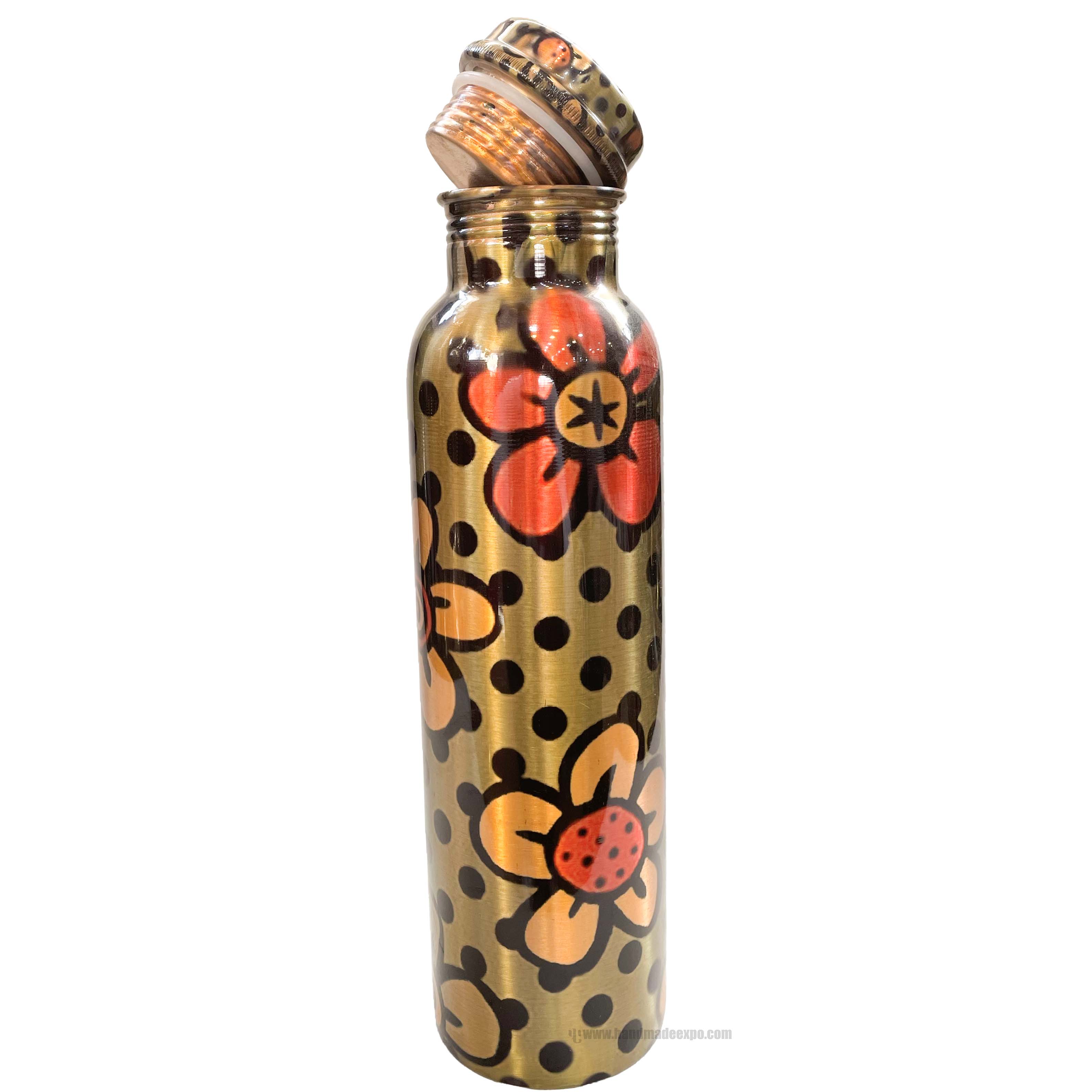 Copper Water bottle With Red Flower And Black Spot Design, printed