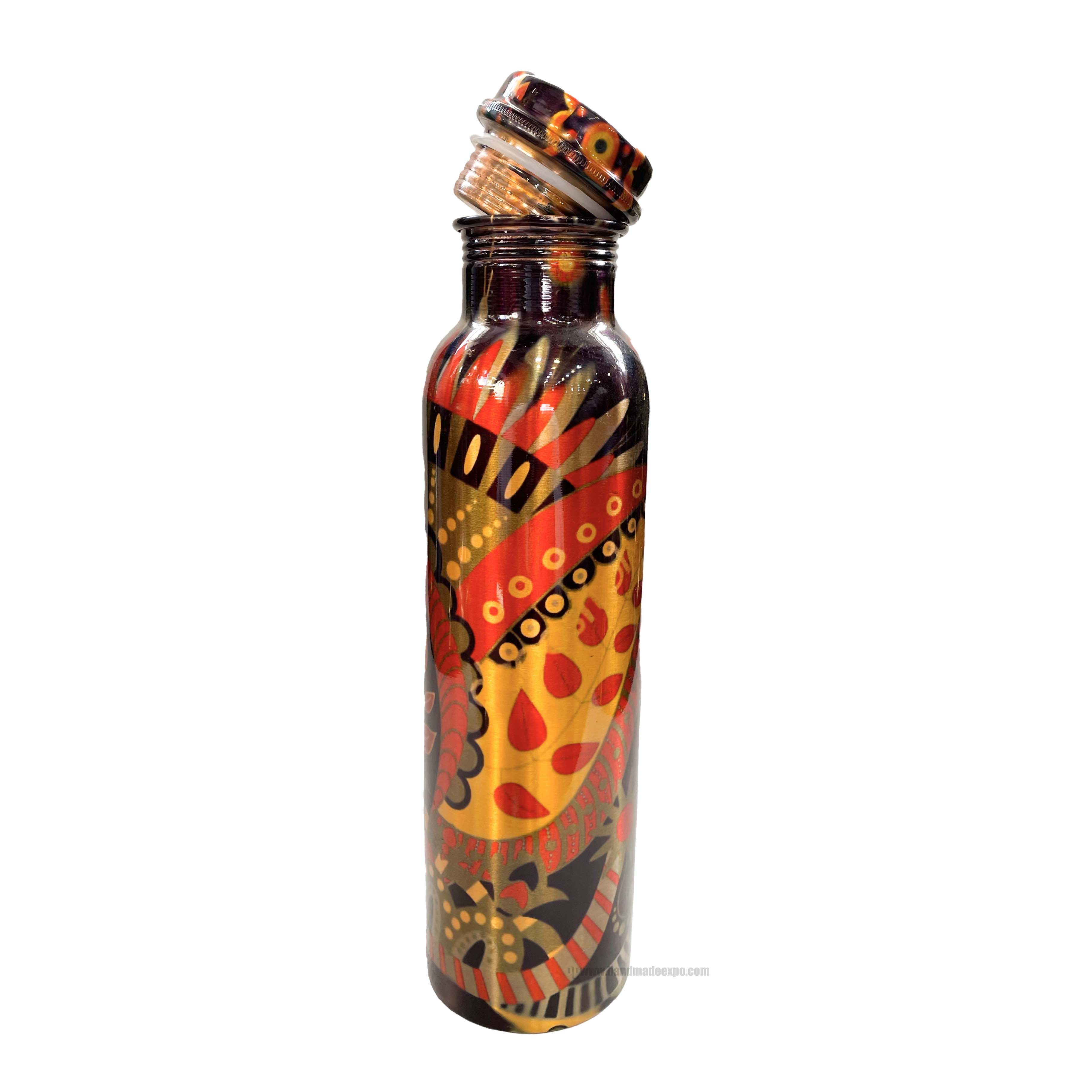 Copper Water bottle With Red Leaf Design, printed