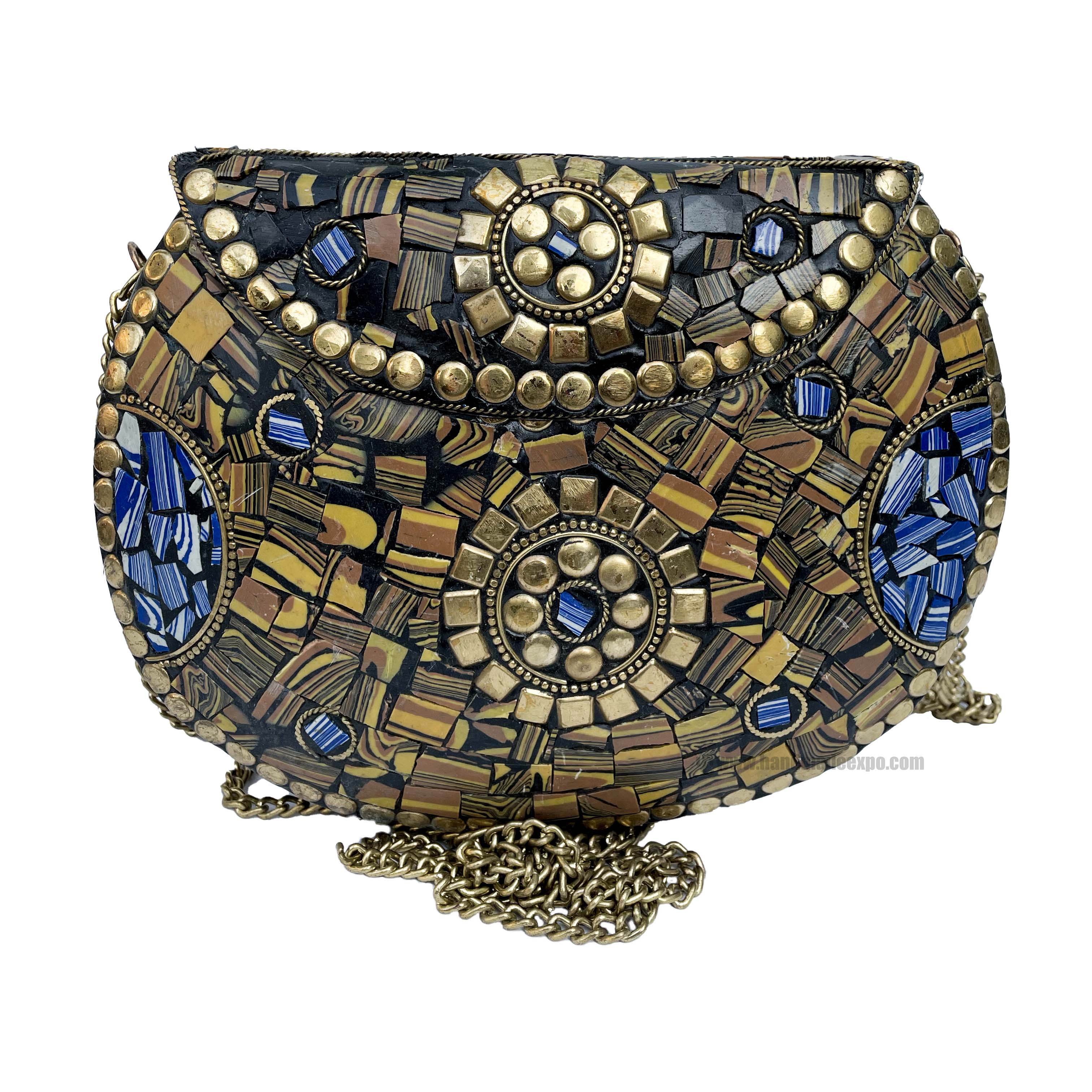 Nepali Handmade Big Ladies Bag With stone Setting, metal, golden And Blue Color