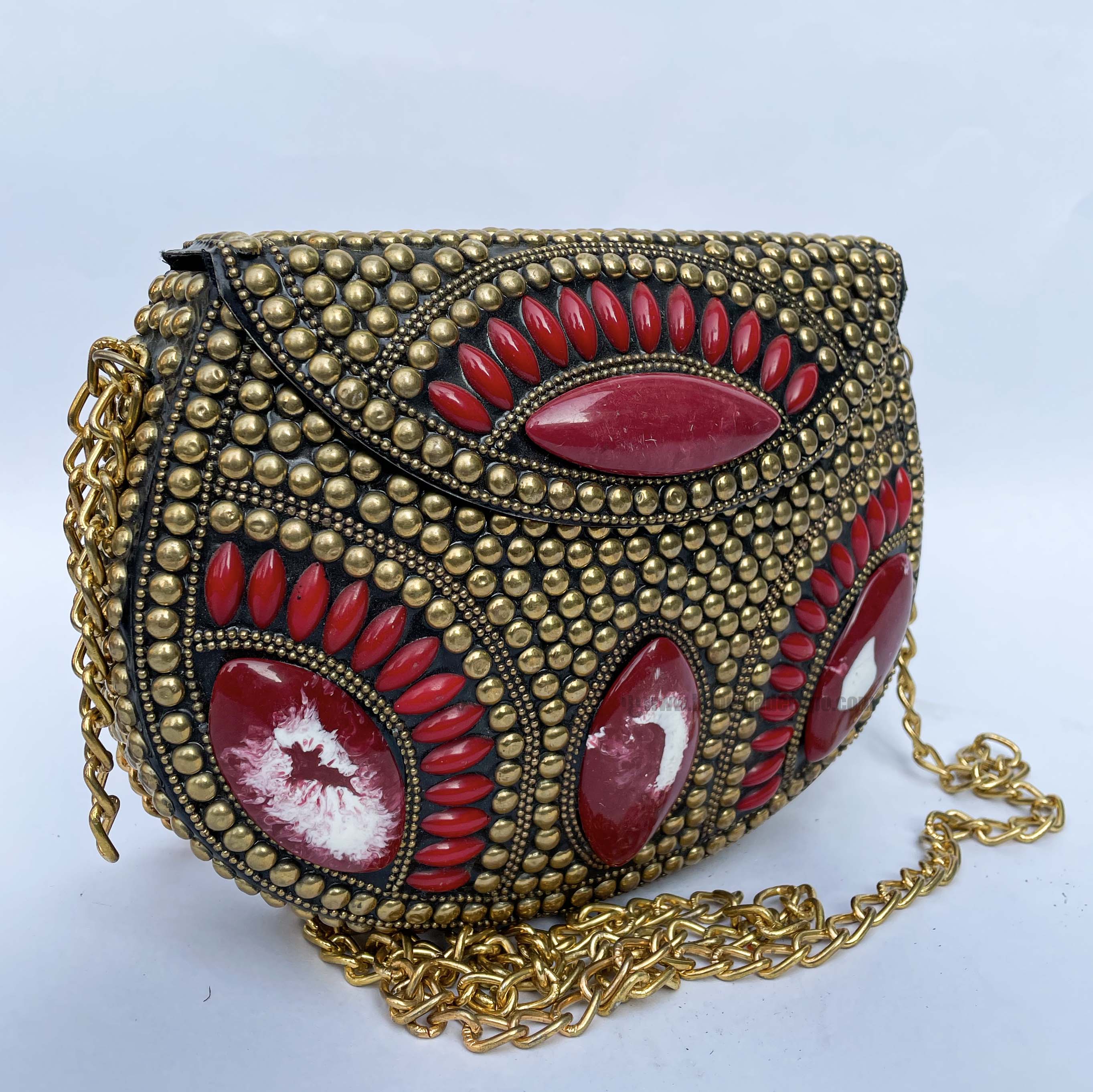 Nepali Handmade Big Ladies Bag With stone Setting, metal, golden And Red Color