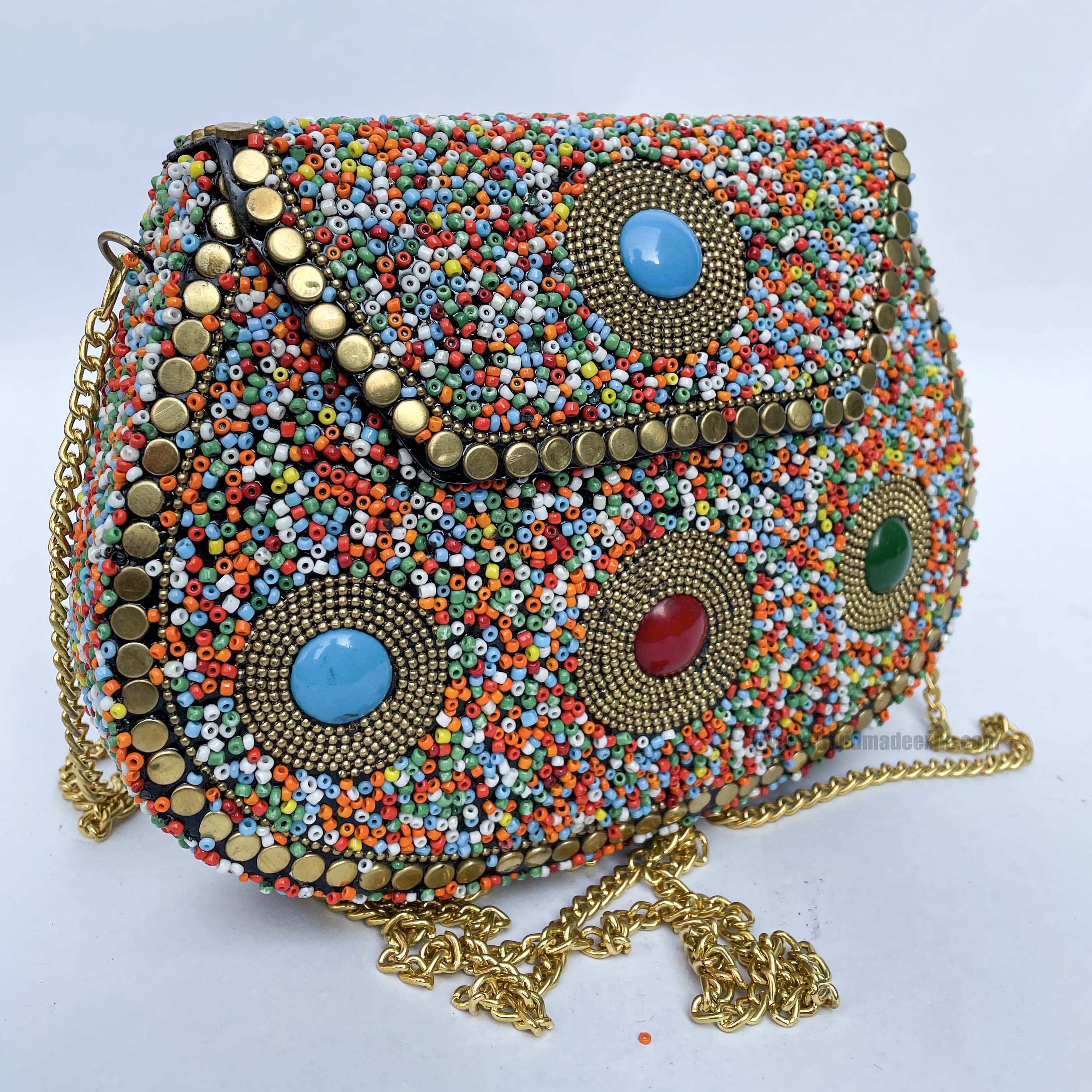 Nepali Handmade Big Ladies Bag With stone Setting, metal, multi Color