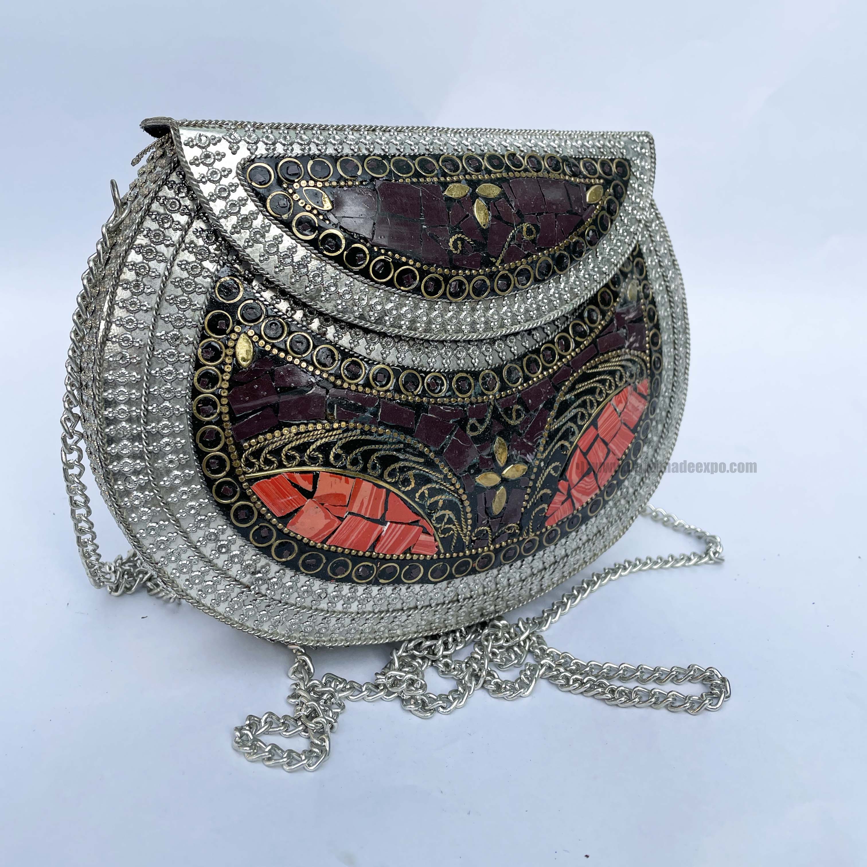 Nepali Handmade Big Ladies Bag With stone Setting, metal, red, Black And Silver
