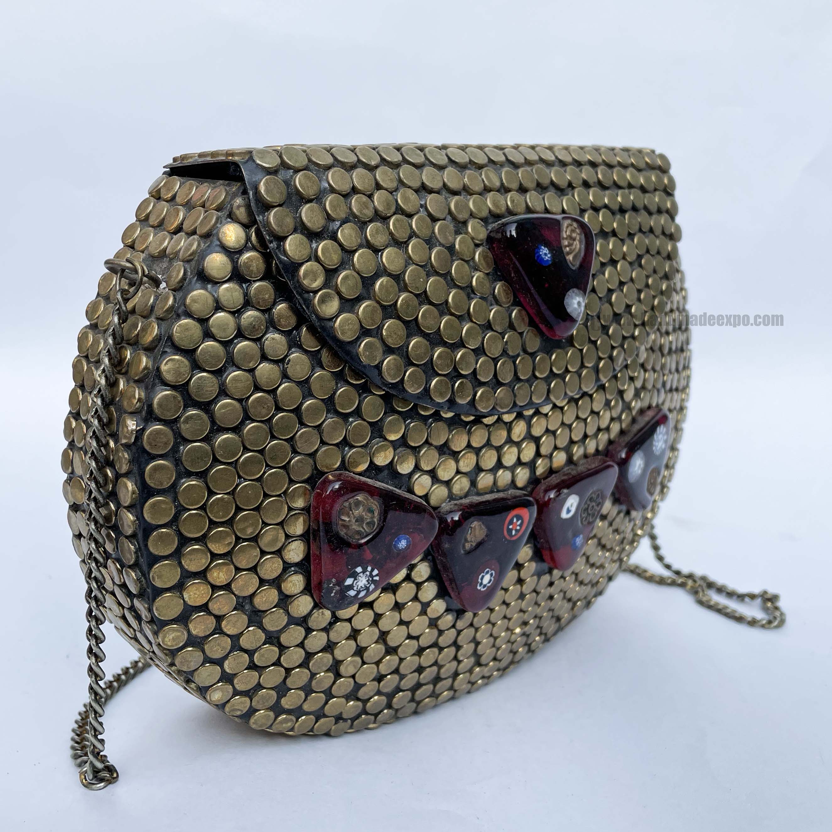 Nepali Handmade Big Ladies Bag With stone Setting, metal, golden And Black Color