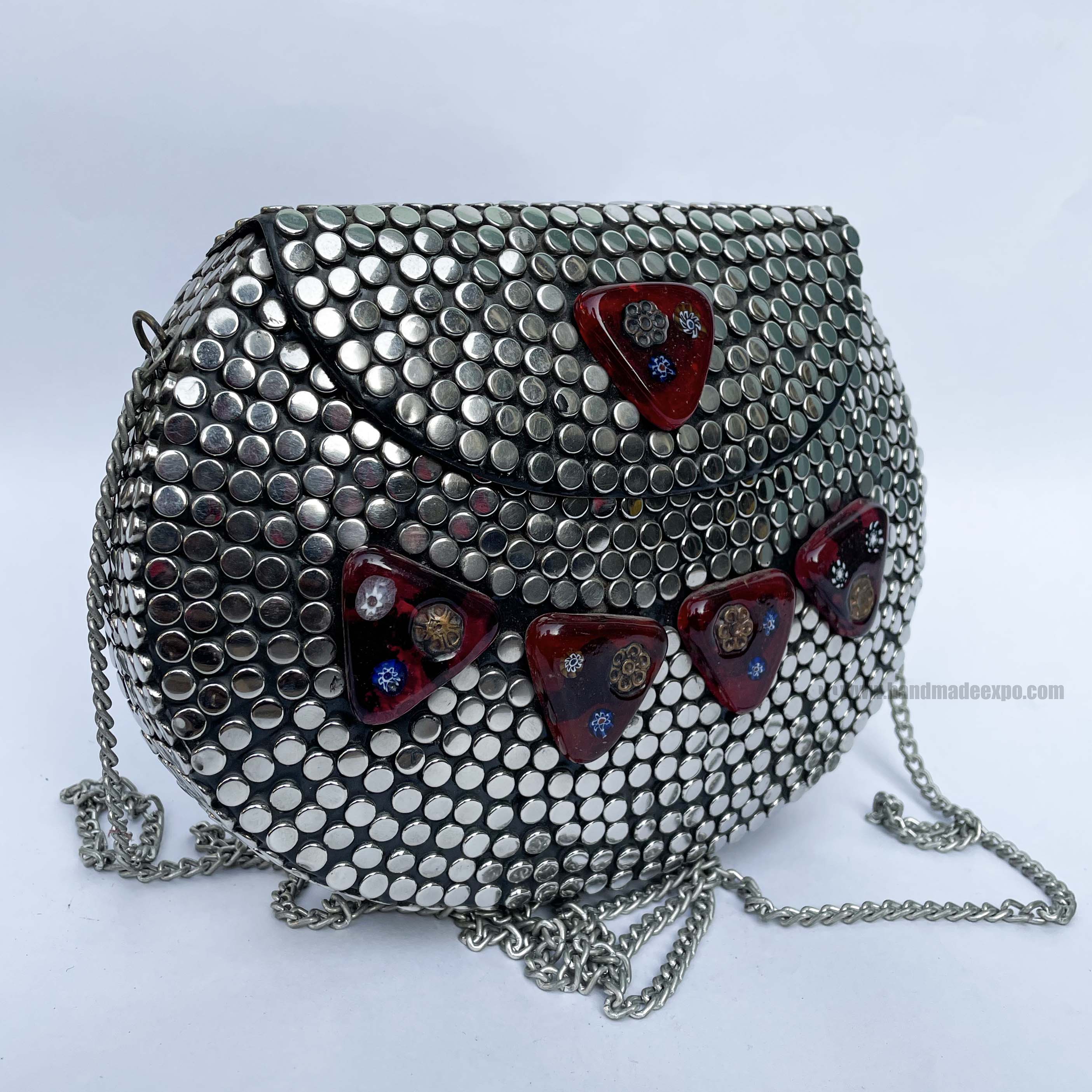 Nepali Handmade Big Ladies Bag With stone Setting, metal, silver And Black Color