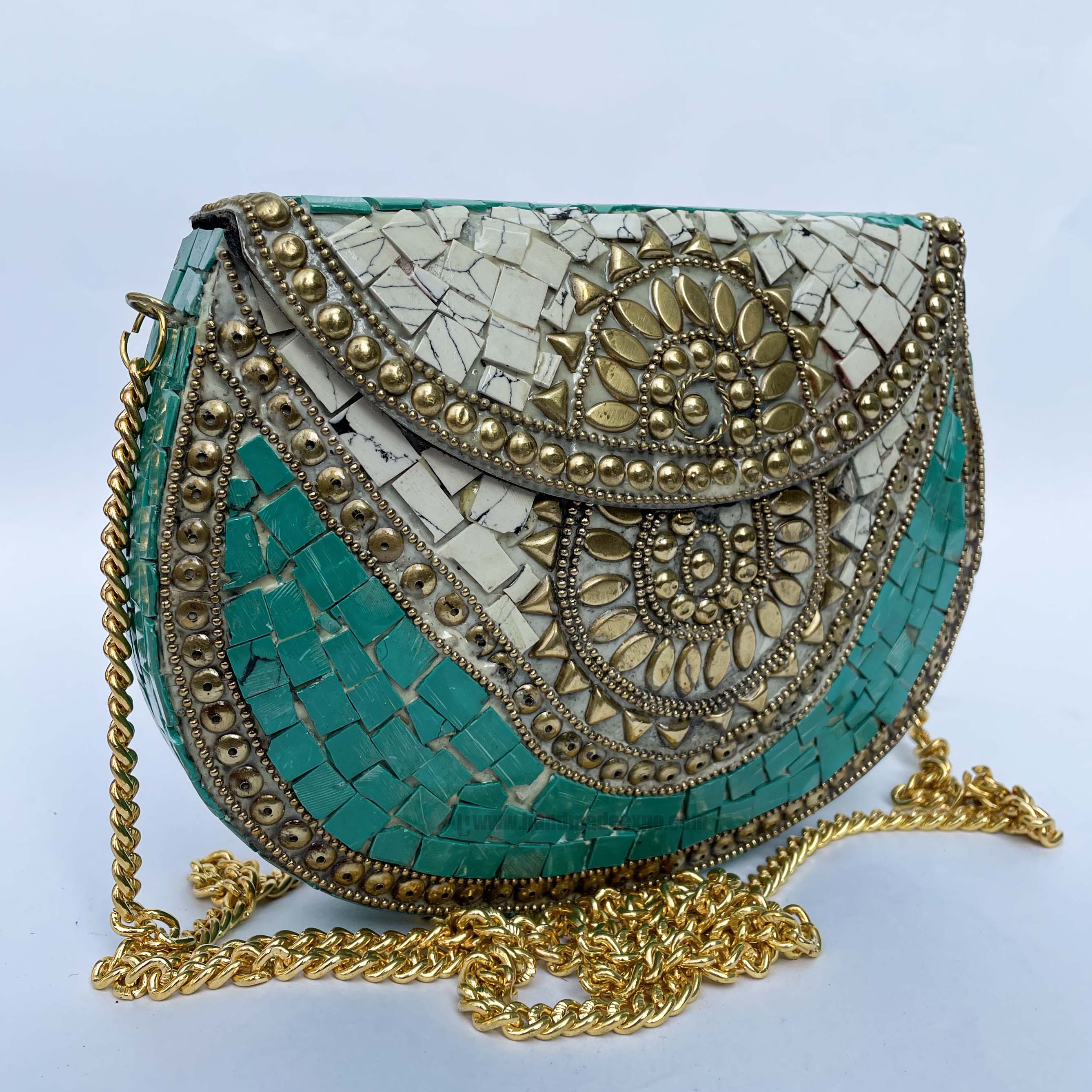 Nepali Handmade Big Ladies Bag With stone Setting, metal, golden And Blue