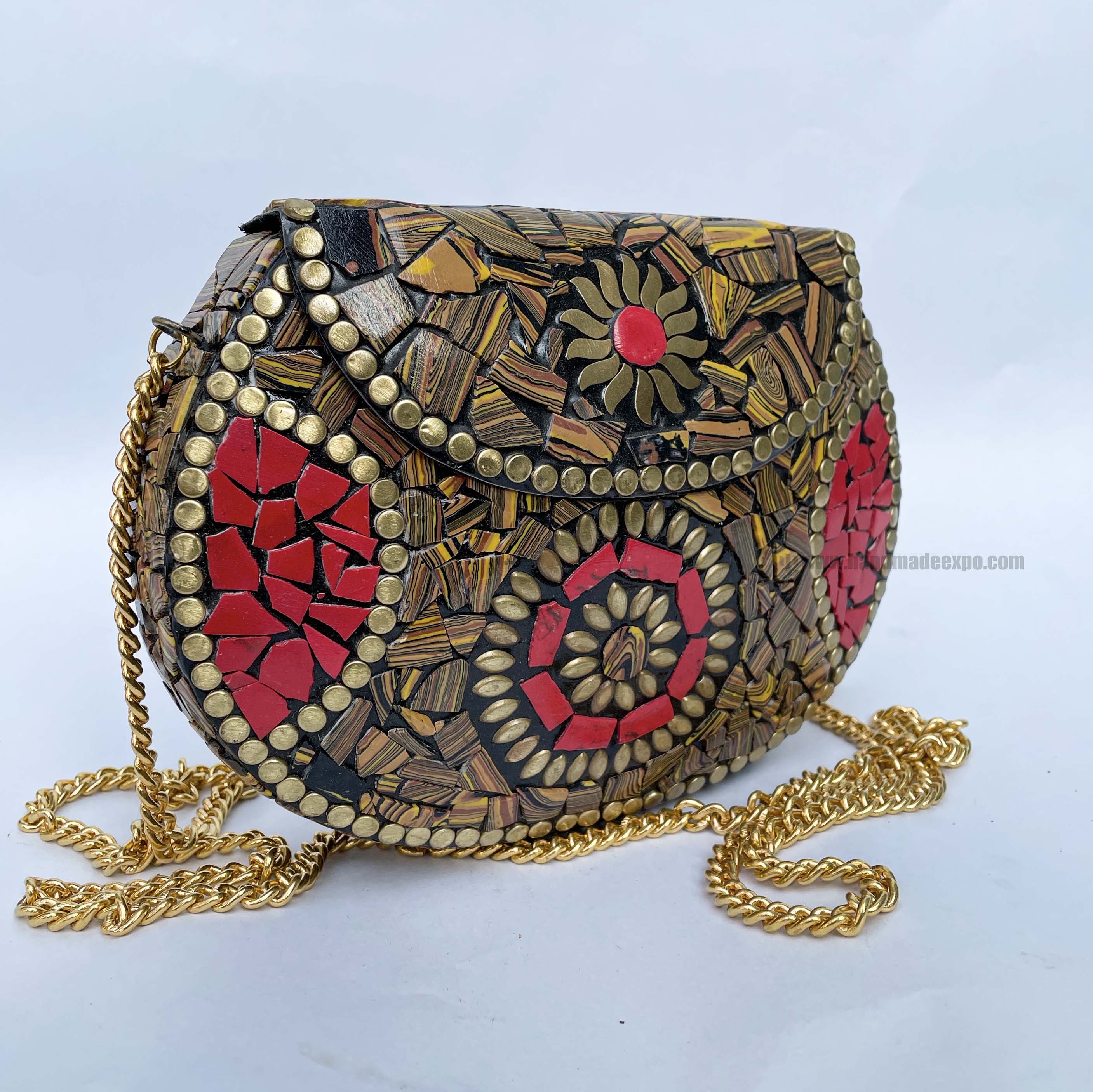 Nepali Handmade Big Ladies Bag With stone Setting, metal, red And Golden Color