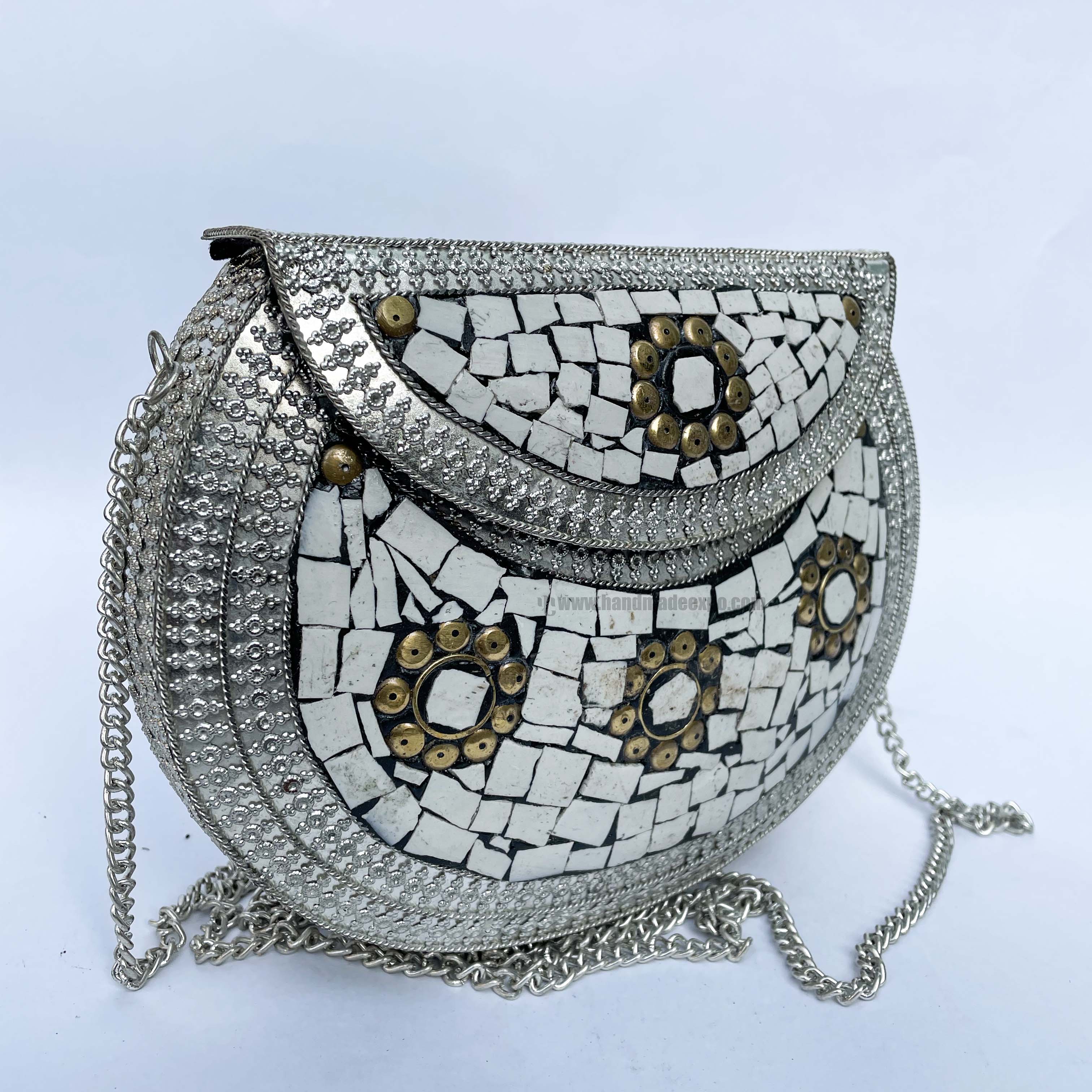 Nepali Handmade Big Ladies Bag With stone Setting, metal, silver And White Color