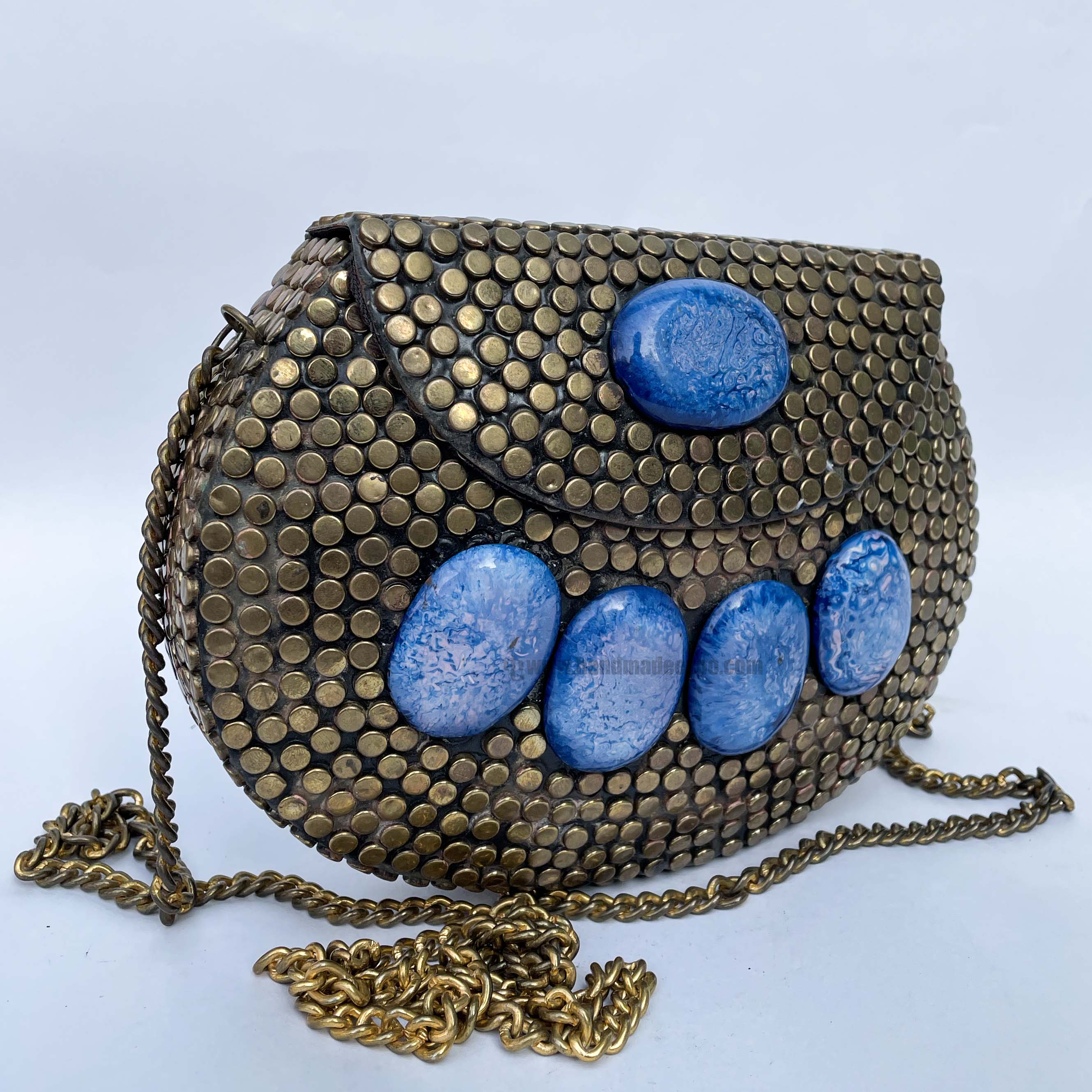 Nepali Handmade Big Ladies Bag With stone Setting, metal, blue And Golden Color