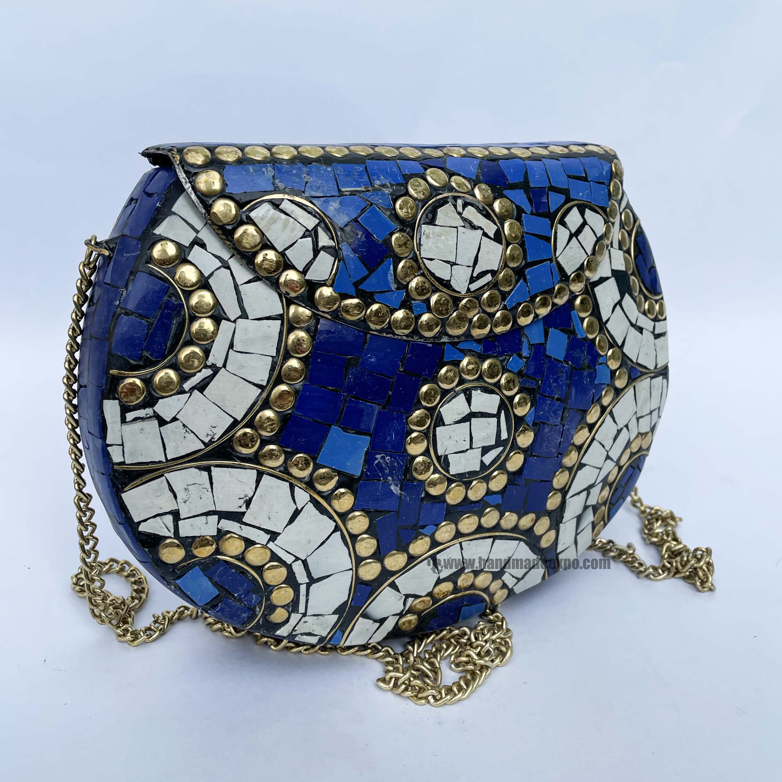 Nepali Handmade Big Ladies Bag With stone Setting, metal, blue And White Color