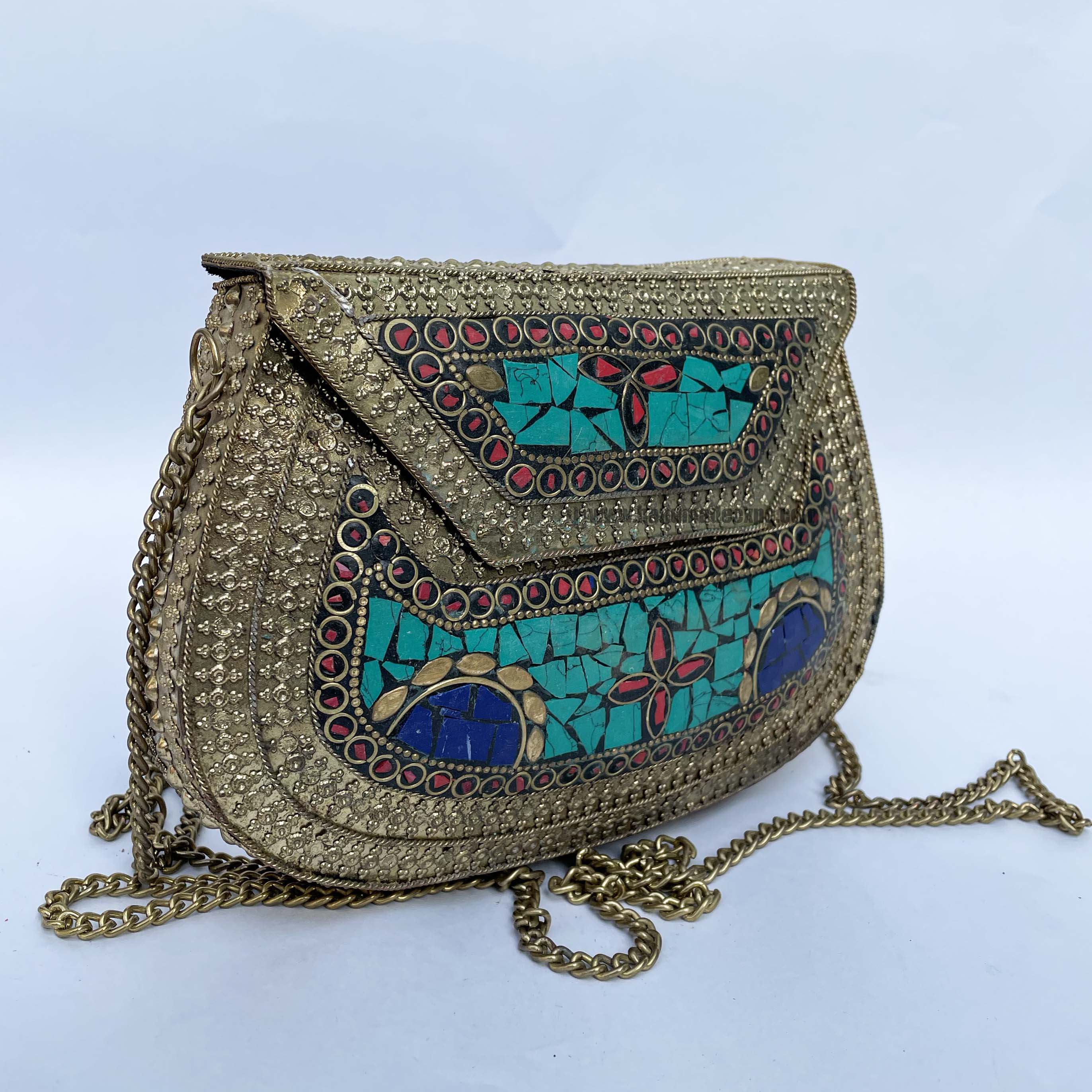 Nepali Handmade Big Ladies Bag With stone Setting, metal, golden And Blue Color
