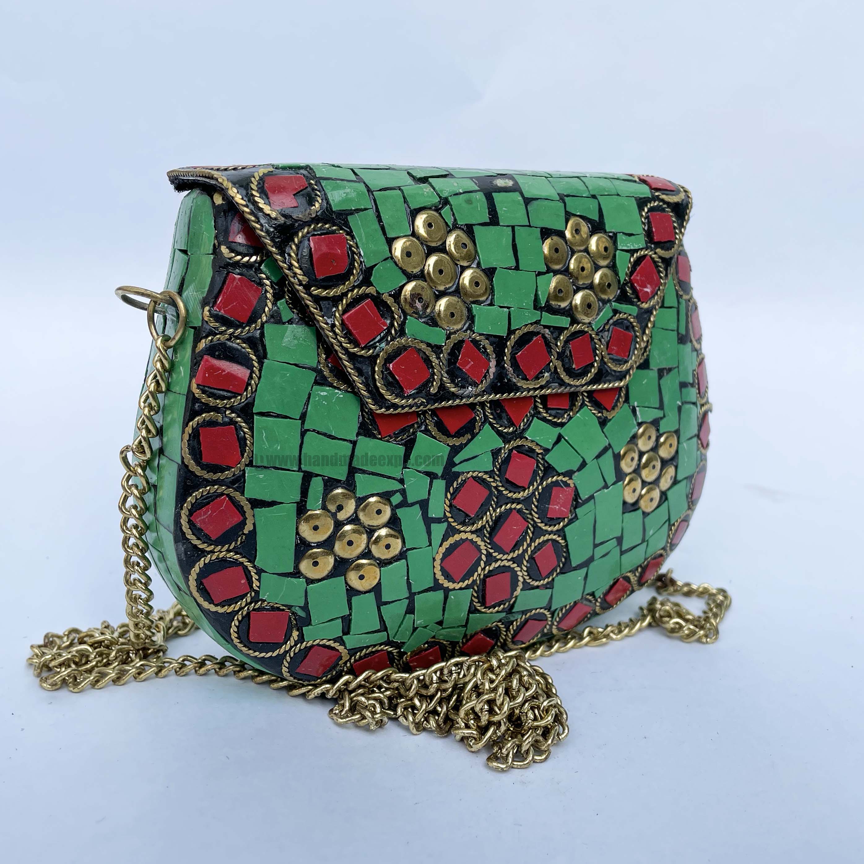 Nepali Handmade Small Ladies Bag With stone Setting, metal, green And Red