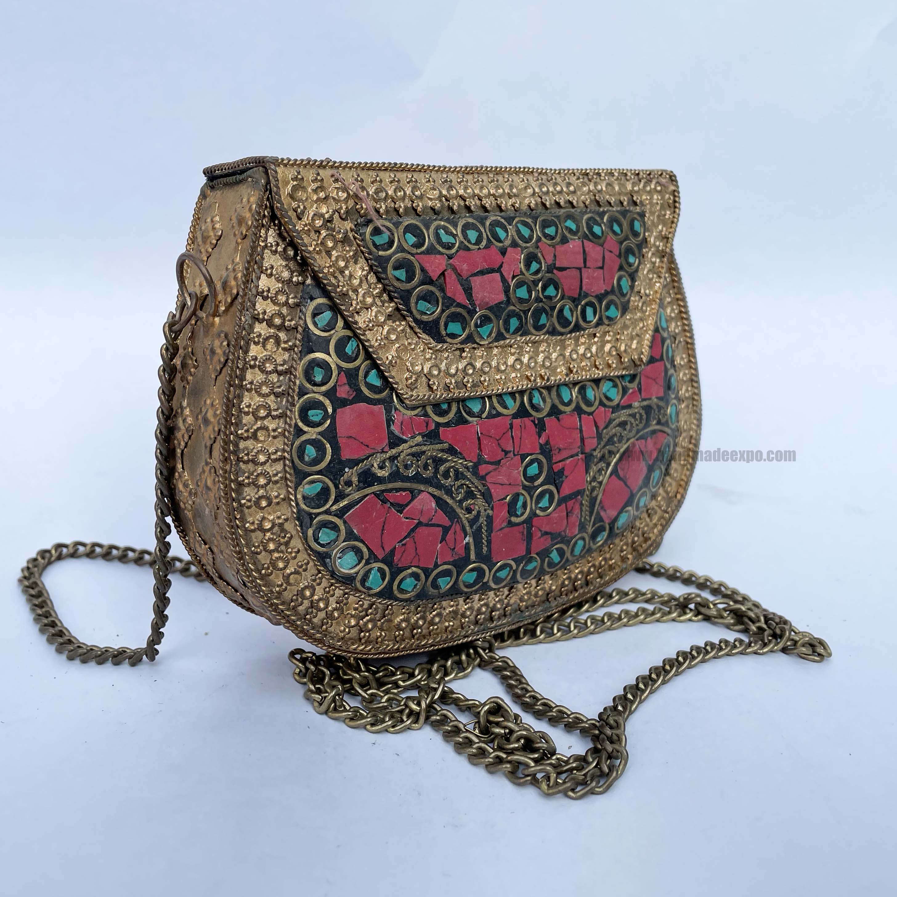 Nepali Handmade Small Ladies Bag With stone Setting, metal, golden And Red Color