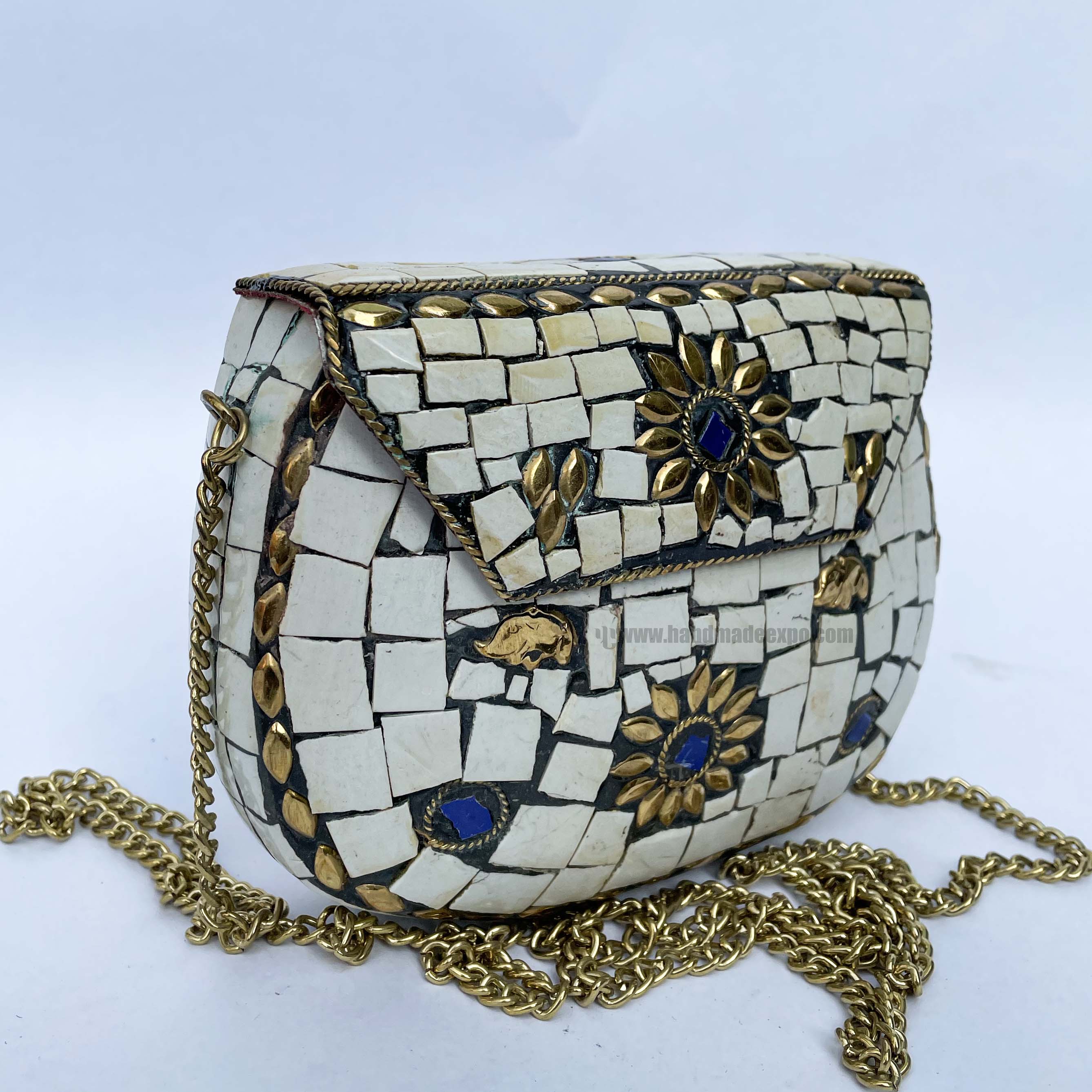 Nepali Handmade Small Ladies Bag With stone Setting, metal, white And Golden Color
