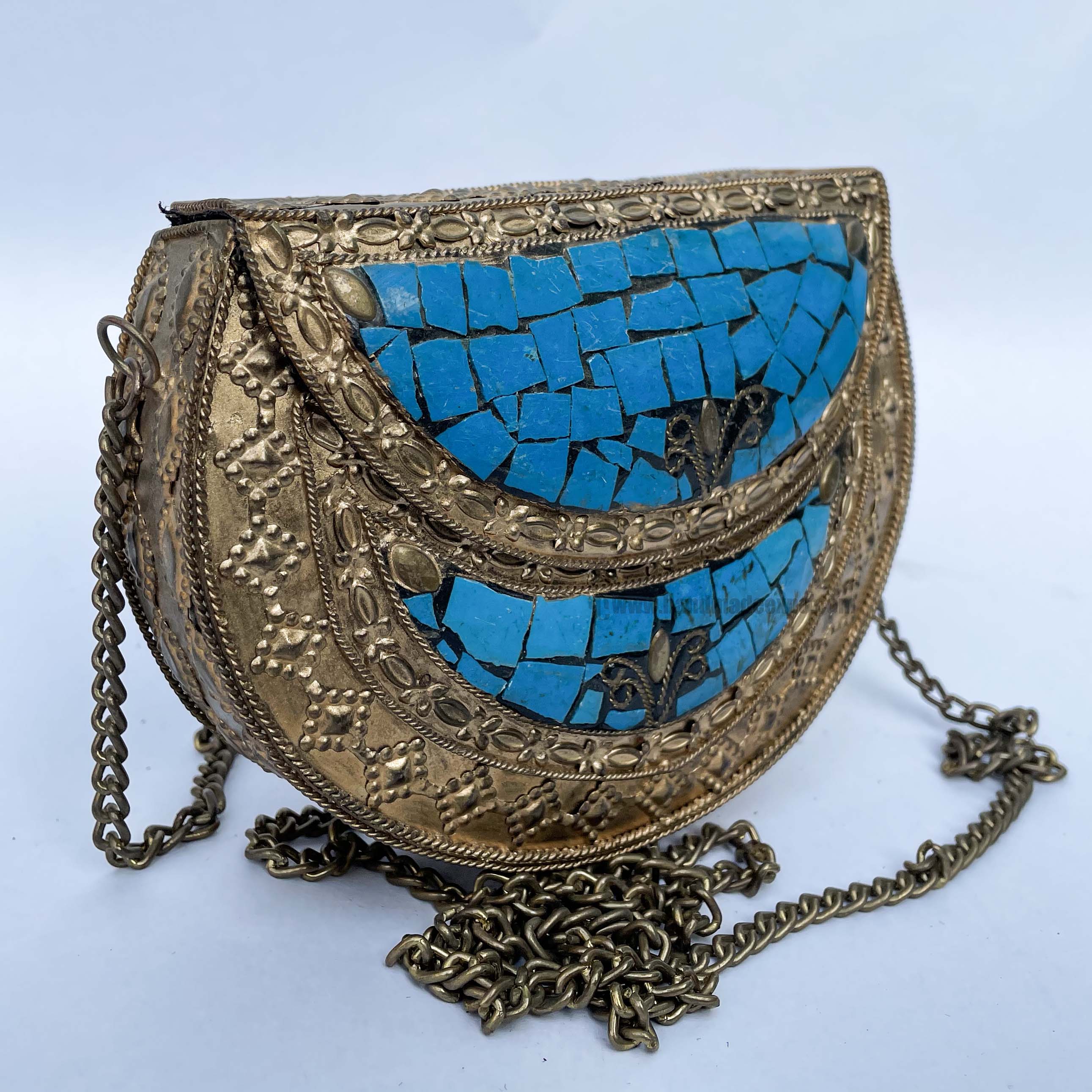 Nepali Handmade Small Ladies Bag With stone Setting, metal, blue And Golden Color
