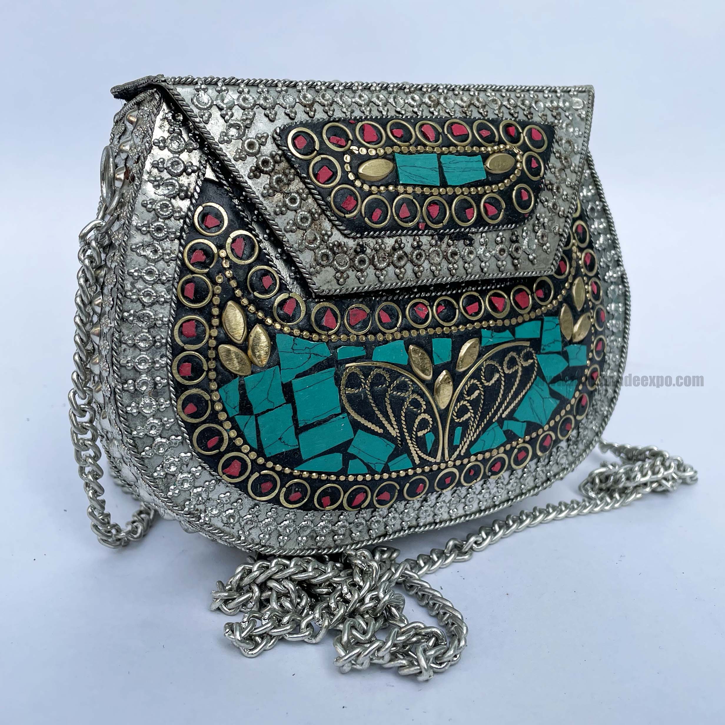 Nepali Handmade Small Ladies Bag With stone Setting, metal, silver, Red And Blue Color