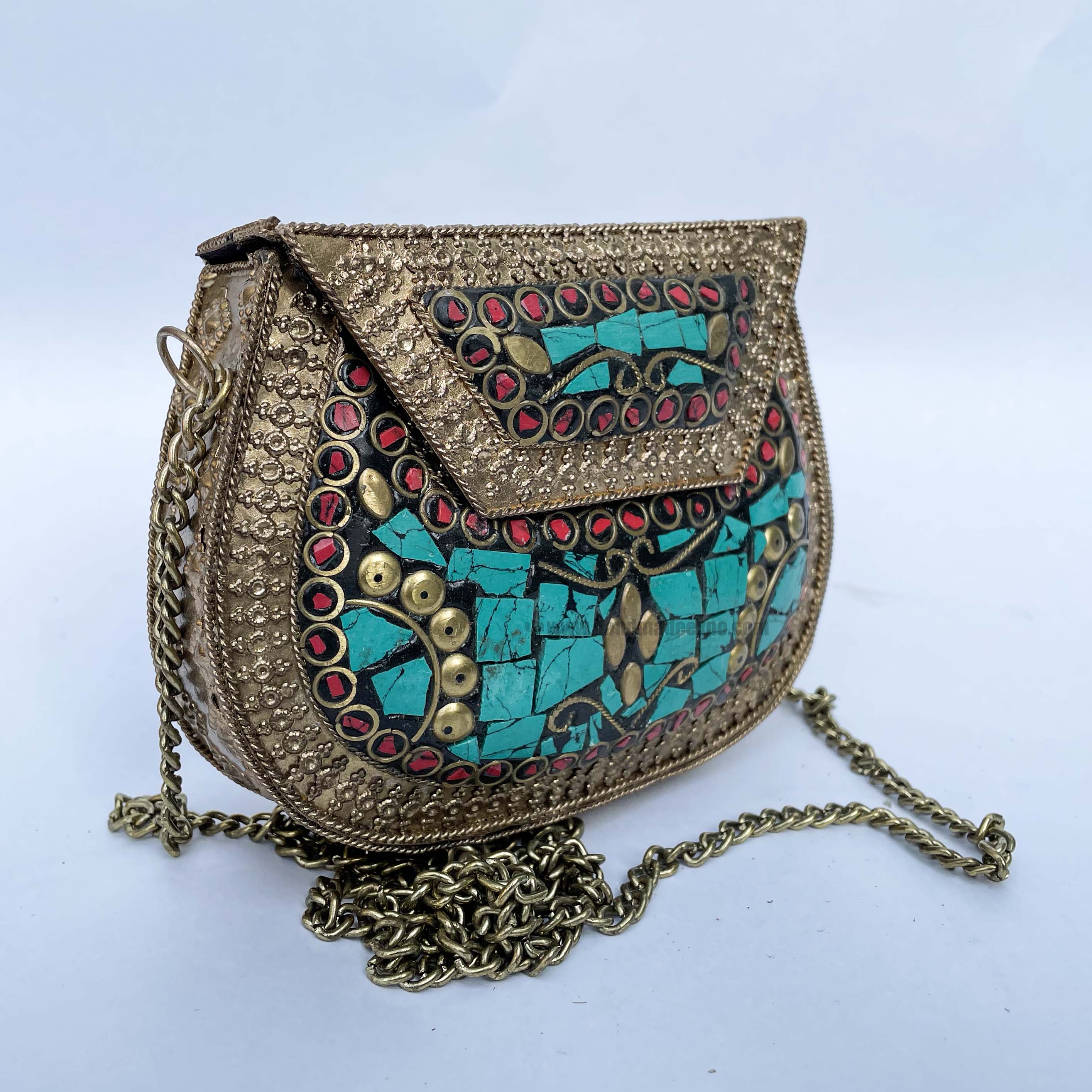 Nepali Handmade Small Ladies Bag With stone Setting, metal, silver, Red And Blue Colo