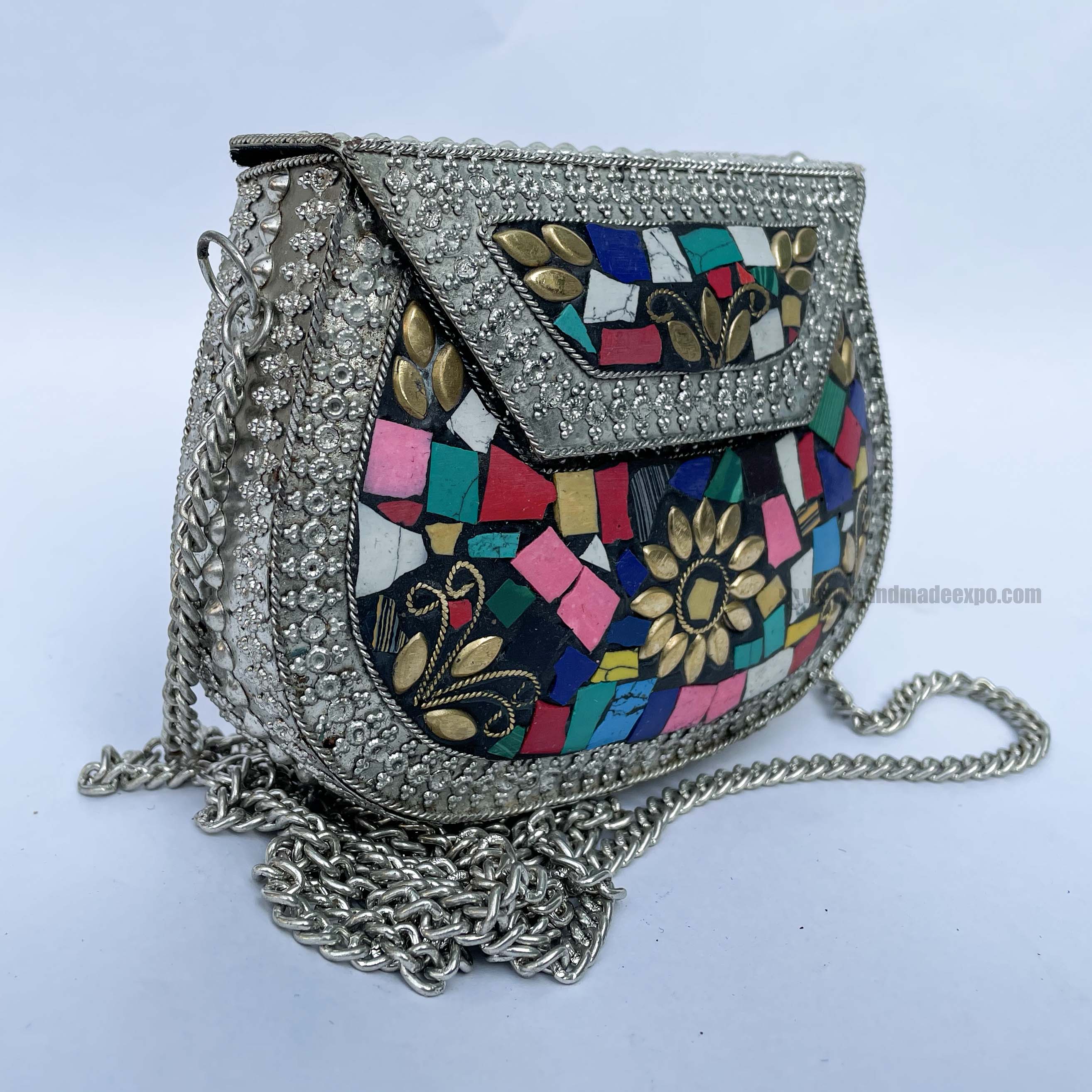 Nepali Handmade Small Ladies Bag With stone Setting, metal, multi Color