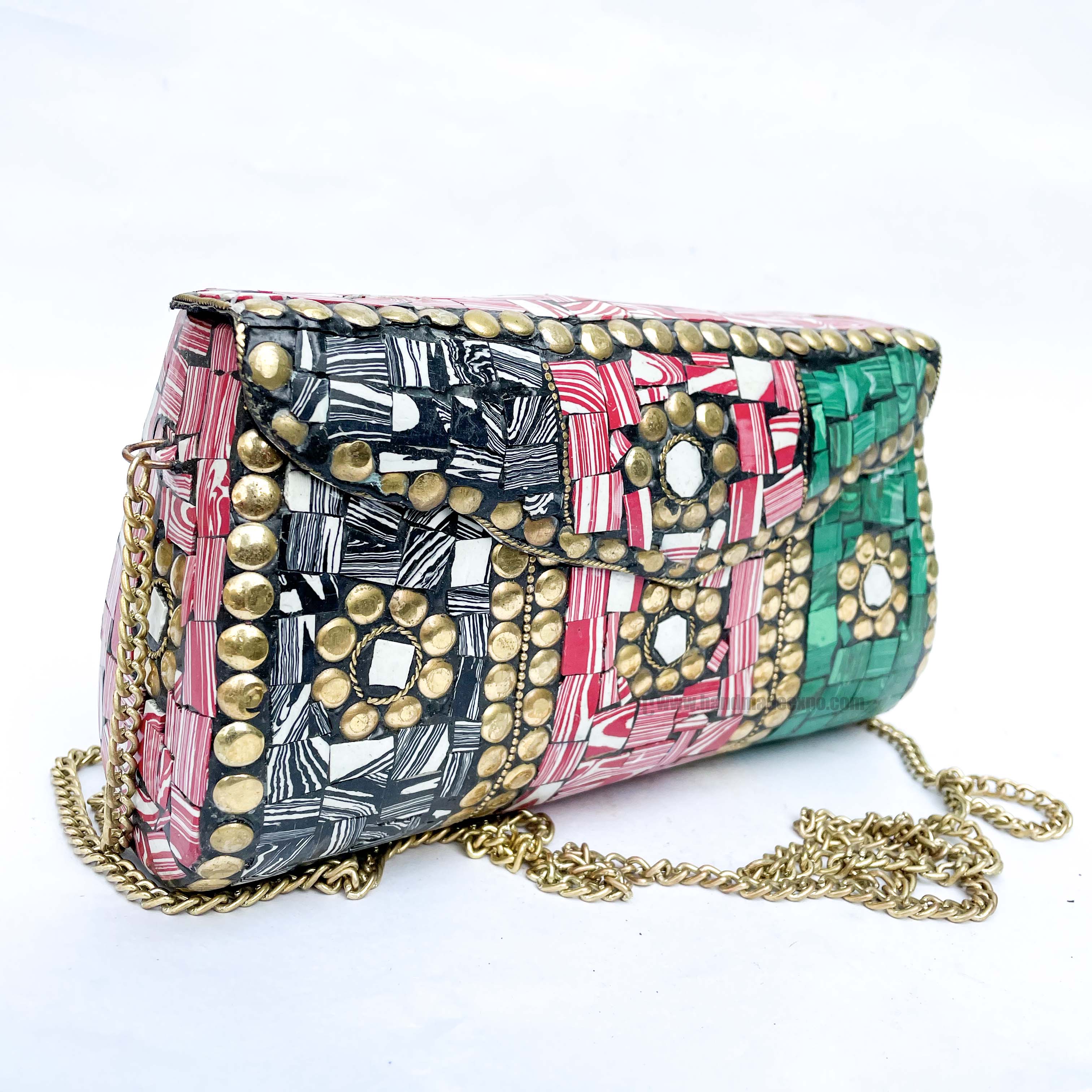Nepali Handmade Large Size Ladies Bag With stone Setting, metal, black, Pink And Green Color