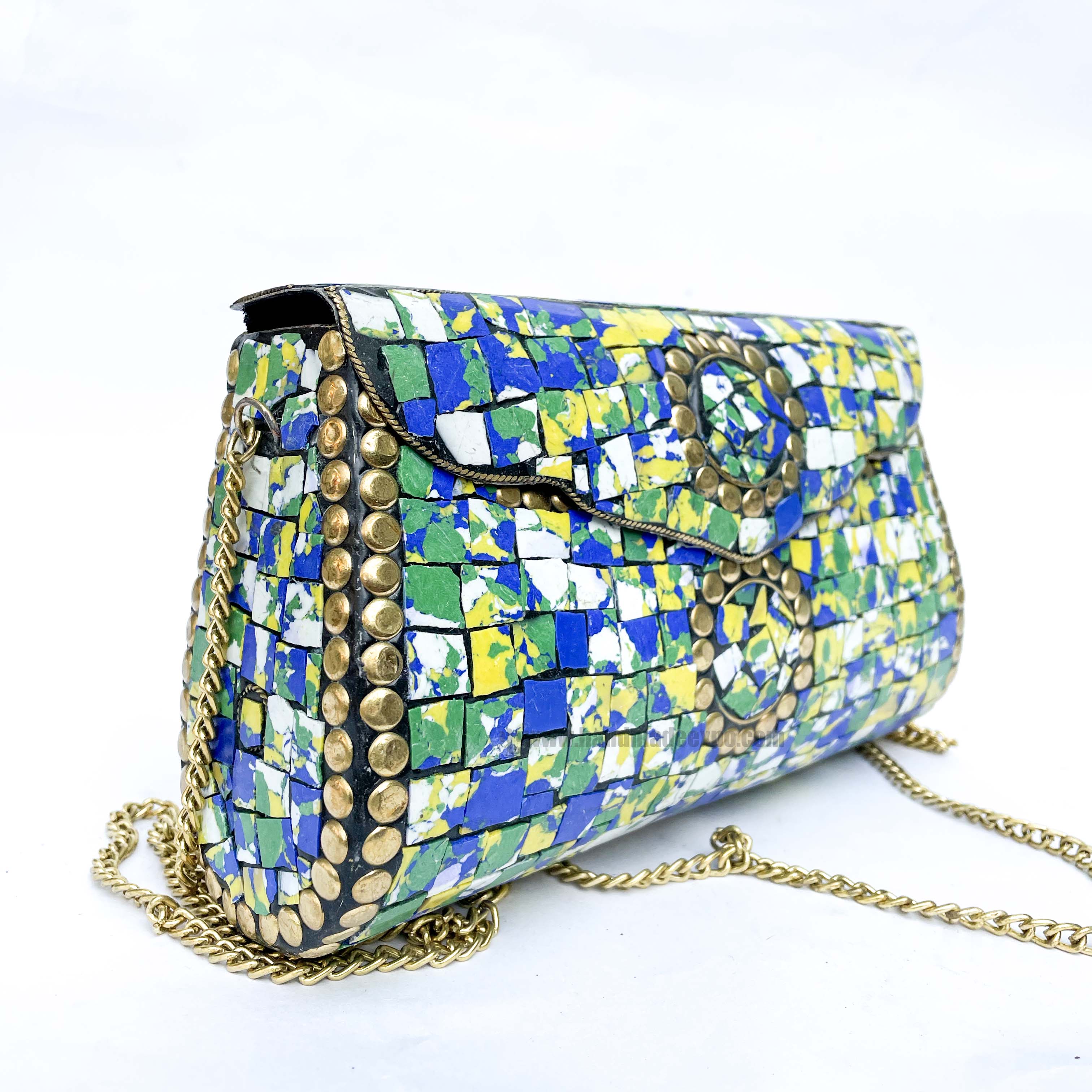 Nepali Handmade Large Size Ladies Bag With stone Setting, metal, green, Yellow And Blue Color