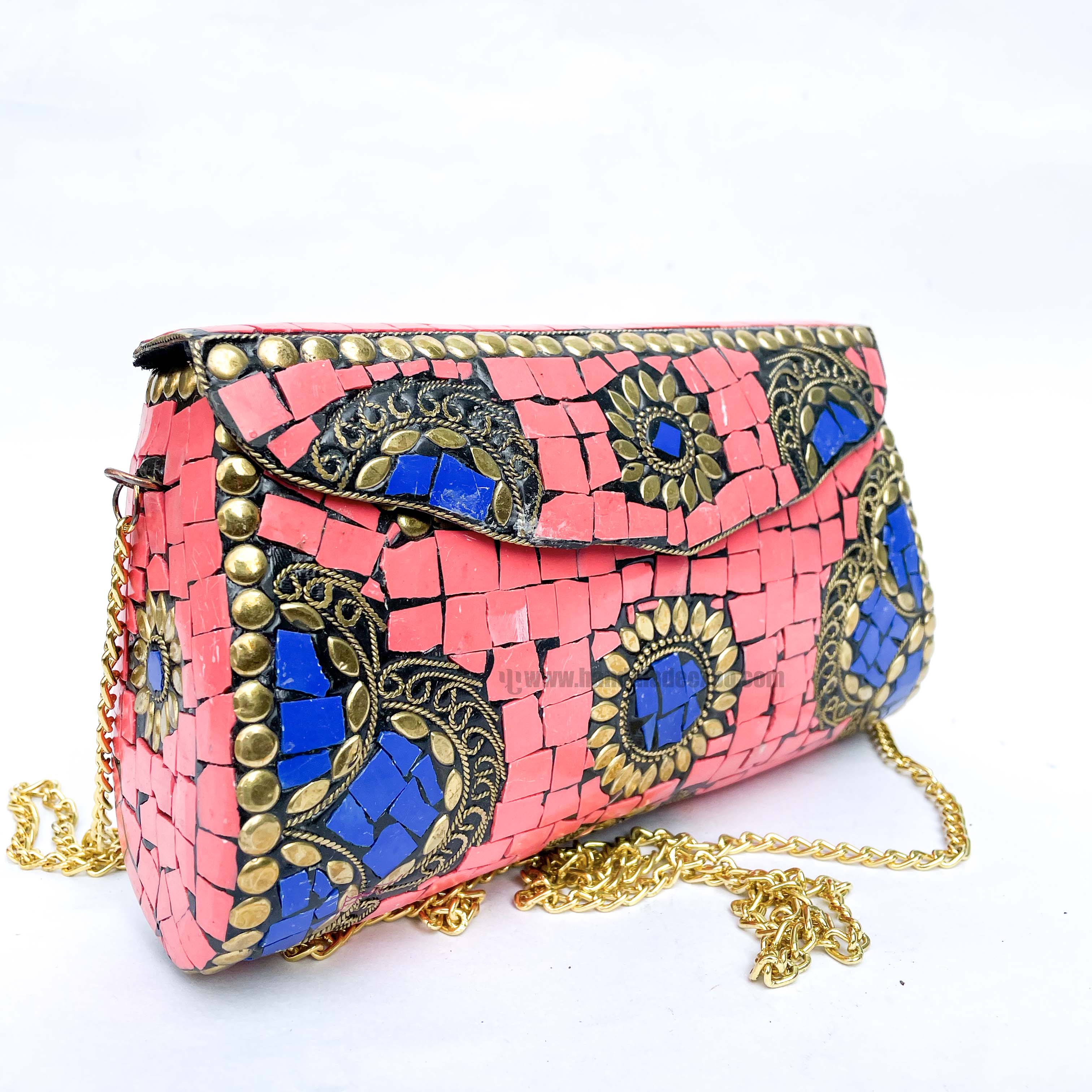 Nepali Handmade Large Size Ladies Bag With stone Setting, metal, pink And Blue Color