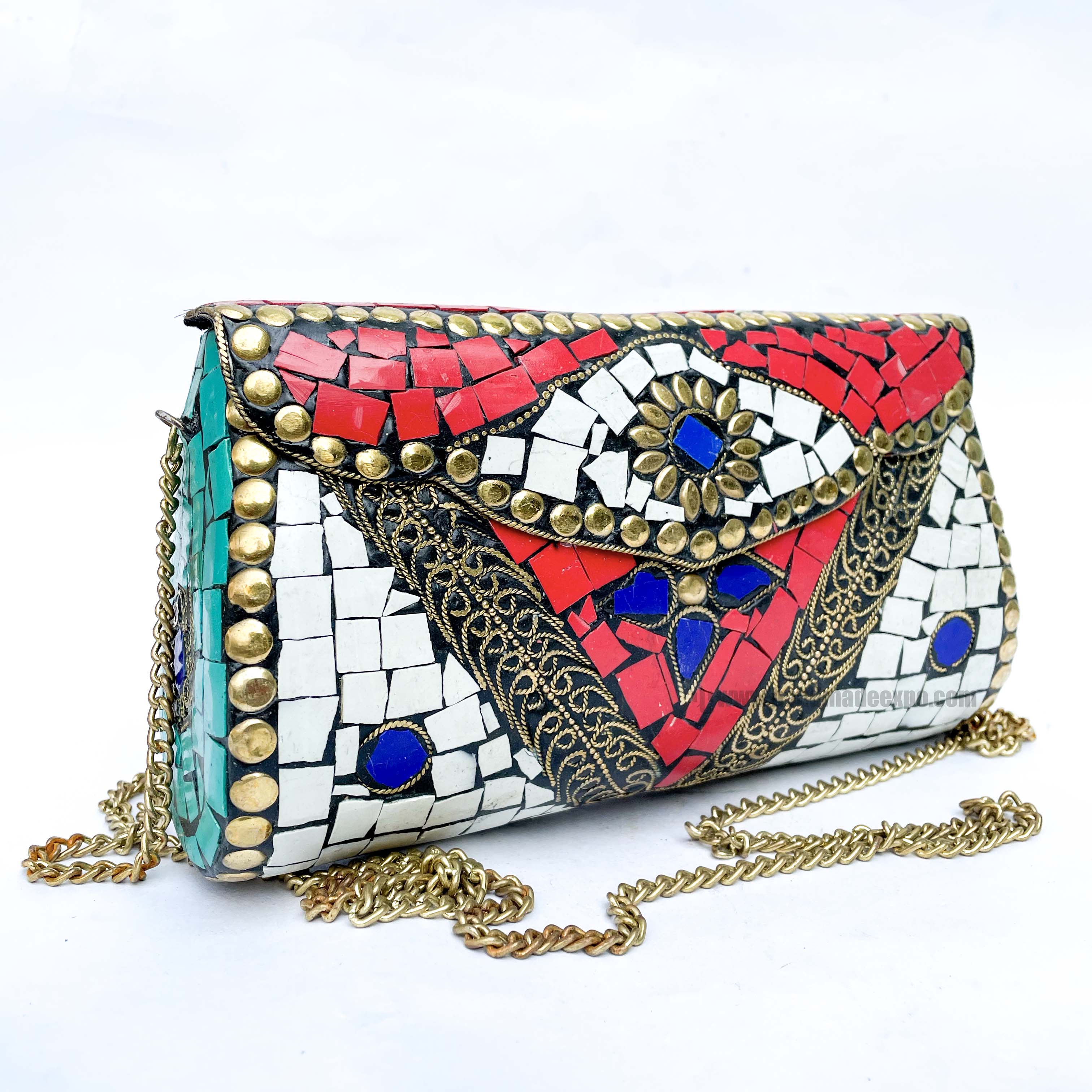 Nepali Handmade Large Size Ladies Bag With stone Setting, metal, red, White And Blue Color