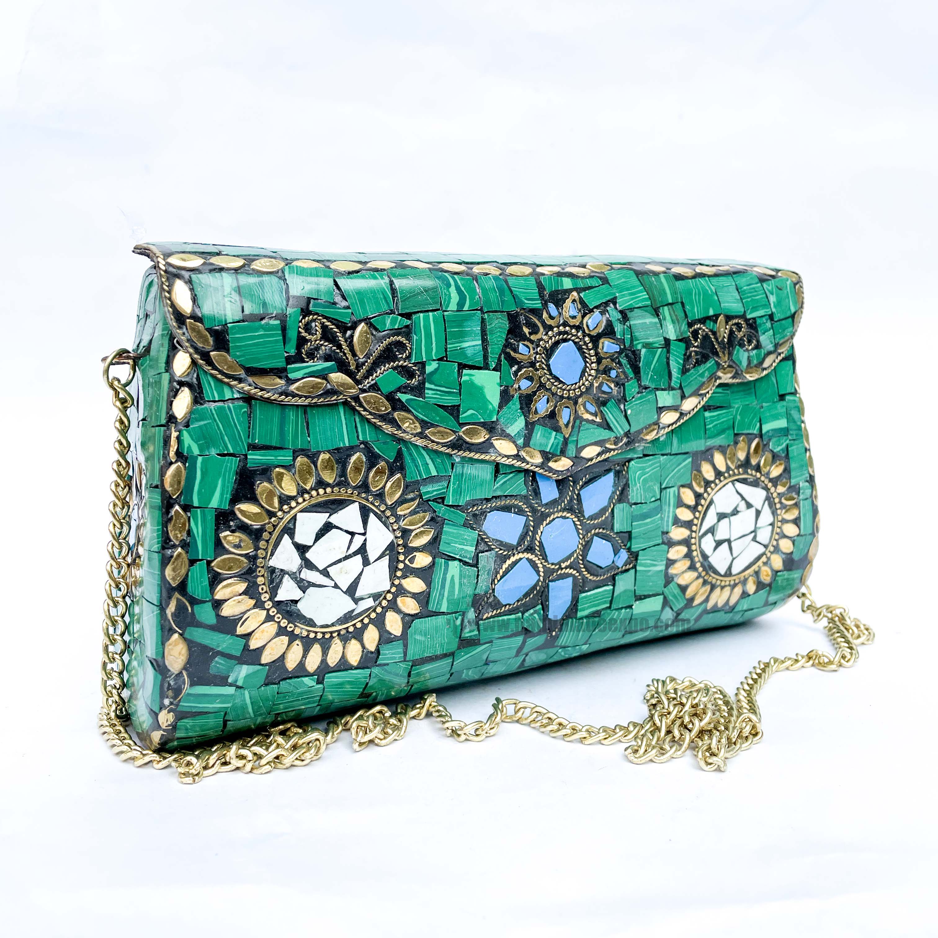 Nepali Handmade Large Size Ladies Bag With stone Setting, metal, green Color