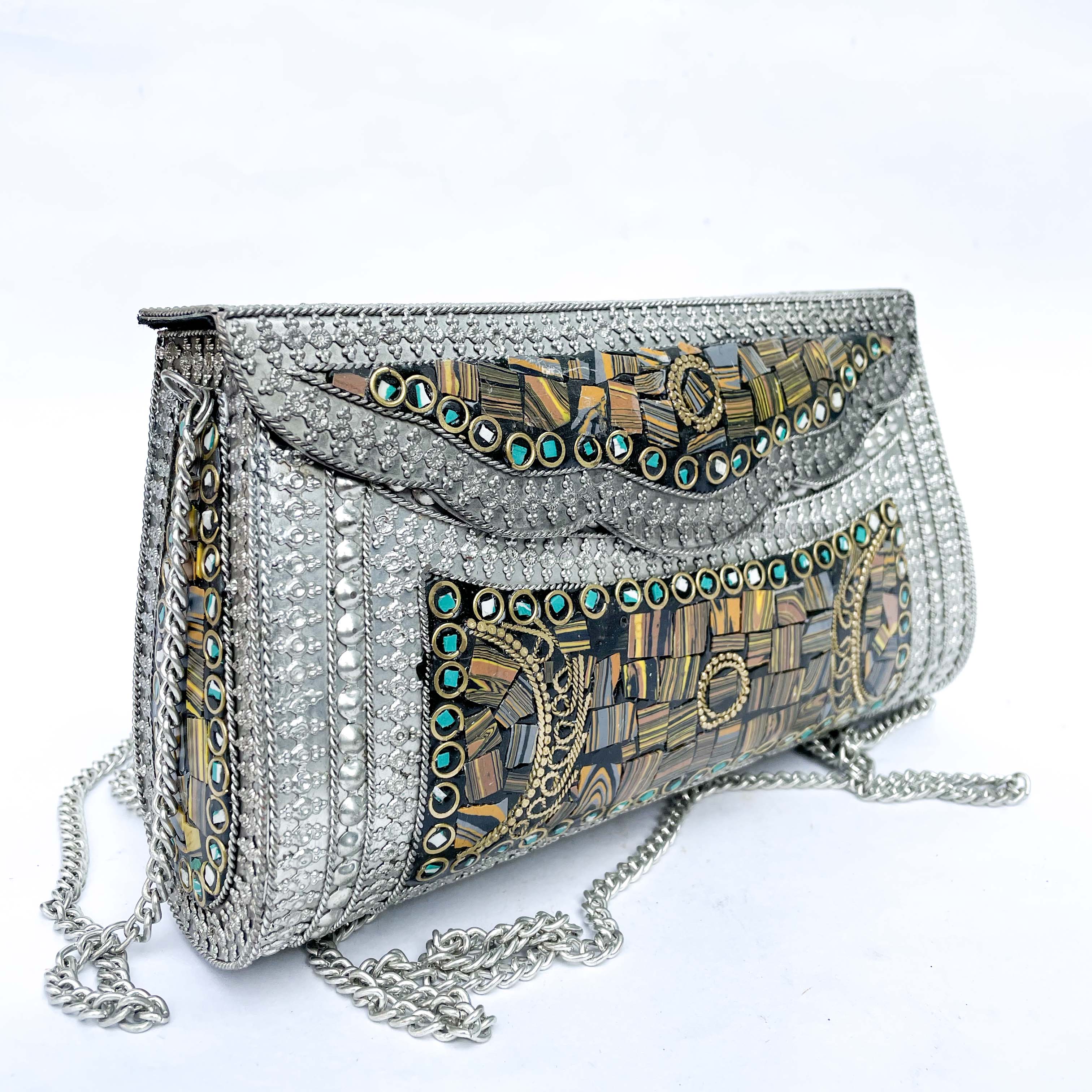 Nepali Handmade Large Size Ladies Bag With stone Setting, metal, silver Color