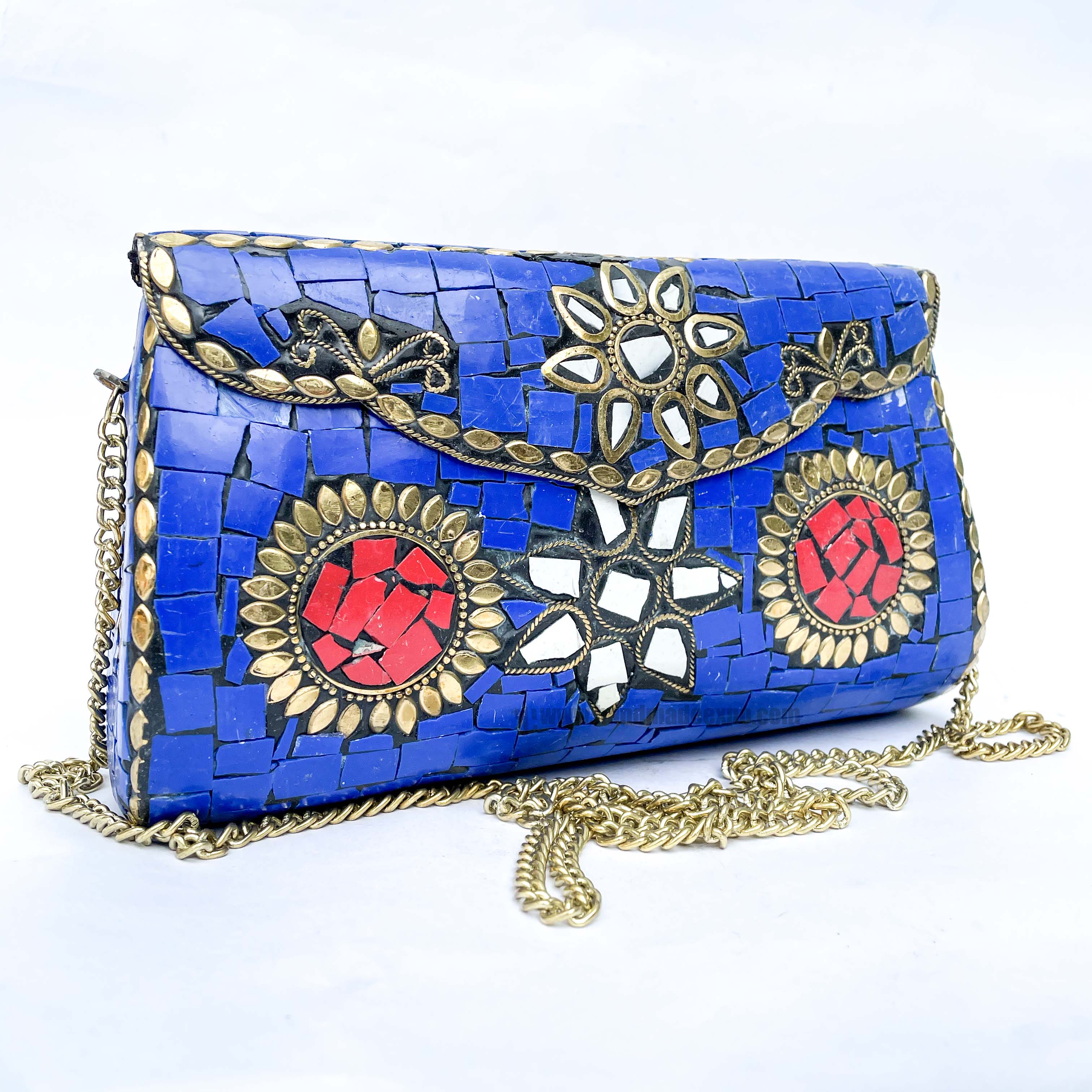 Nepali Handmade Large Size Ladies Bag With stone Setting, metal, blue And Red Color